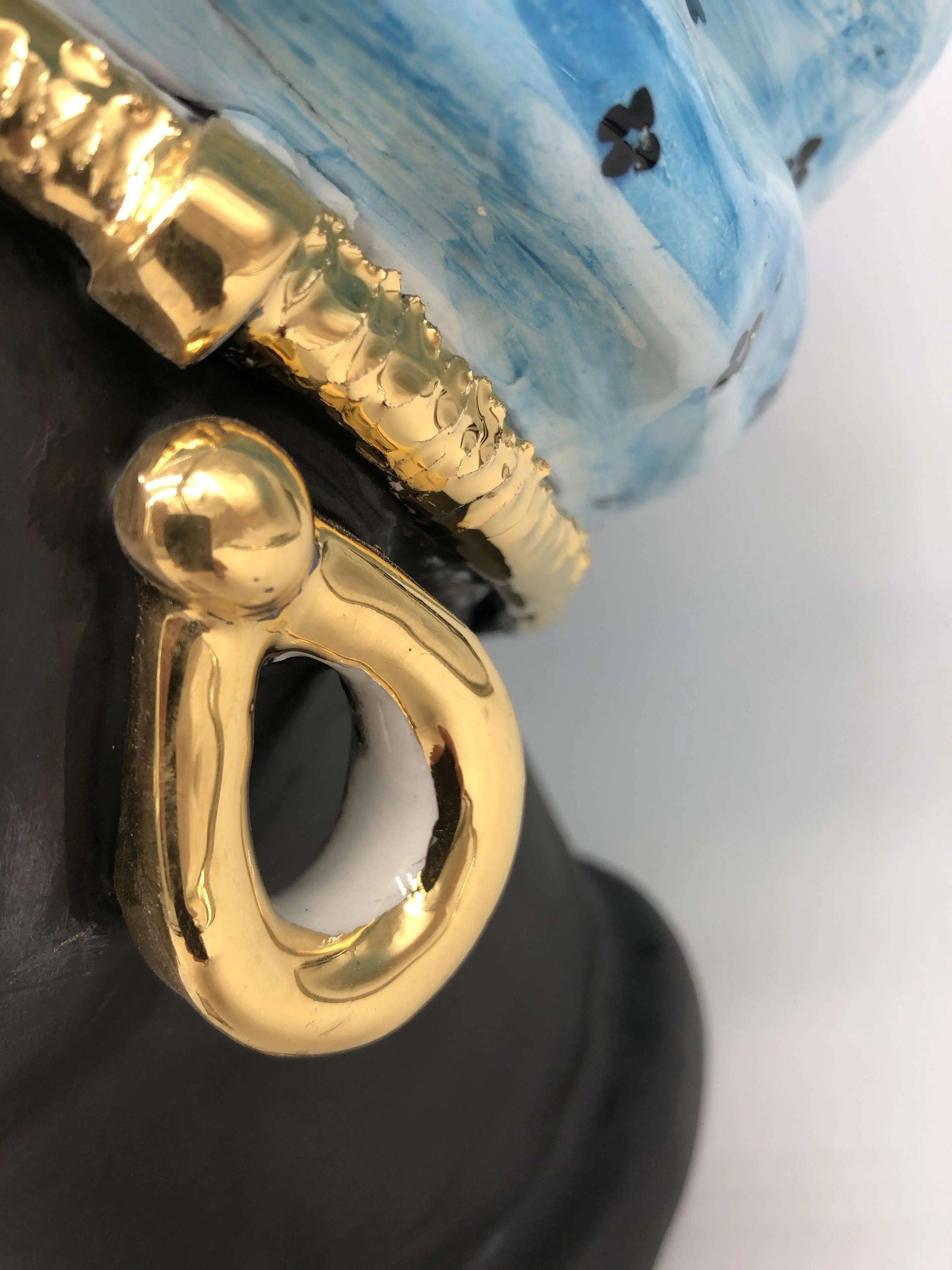 Teste di Moro Atena Ceramica Caltagirone cm H.40 L.28 Artigianale Celeste Pois Nero Oro DD CERAMICHE SICILIANE