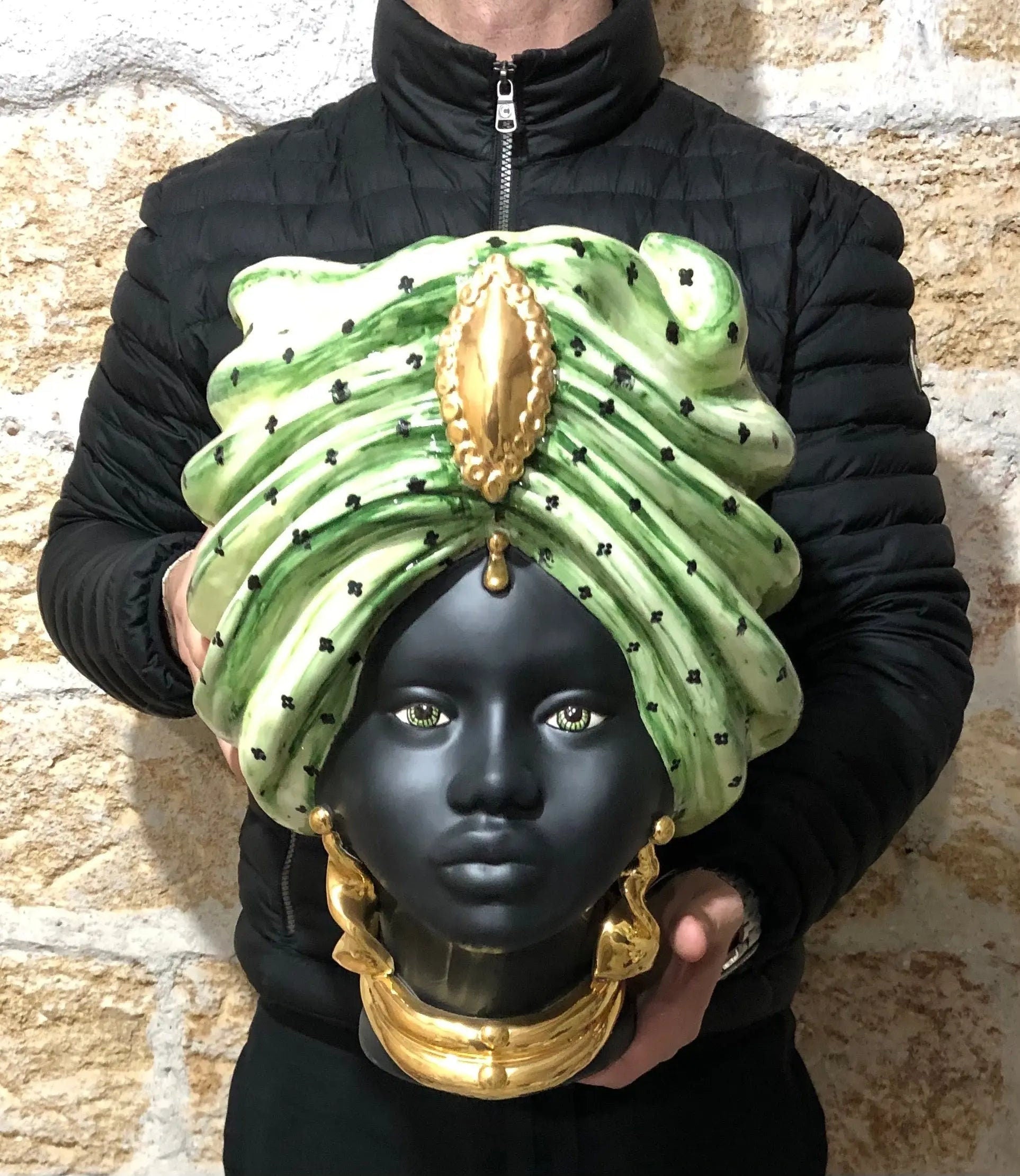 Teste di Moro Atena Ceramica Caltagirone cm H.40 L.28 Artigianale Verde Pois Nero Oro DD CERAMICHE SICILIANE