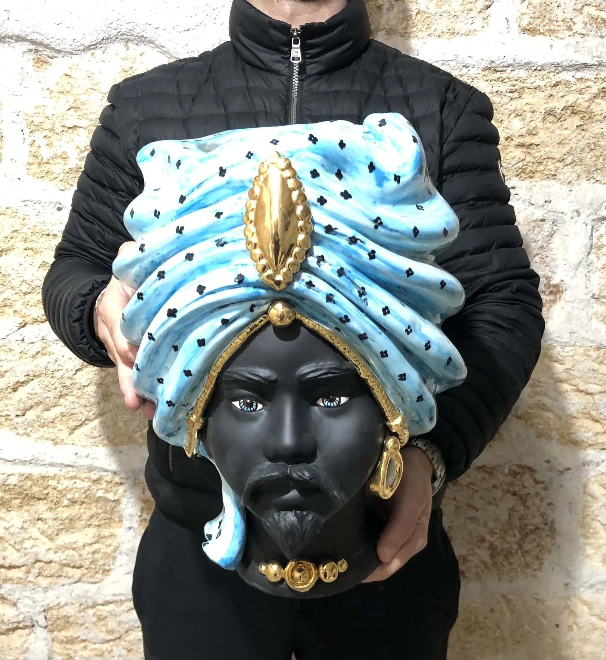 Teste di Moro Atena Ceramica Caltagirone cm H.40 L.28 Artigianale Celeste Pois Nero Oro DD CERAMICHE SICILIANE