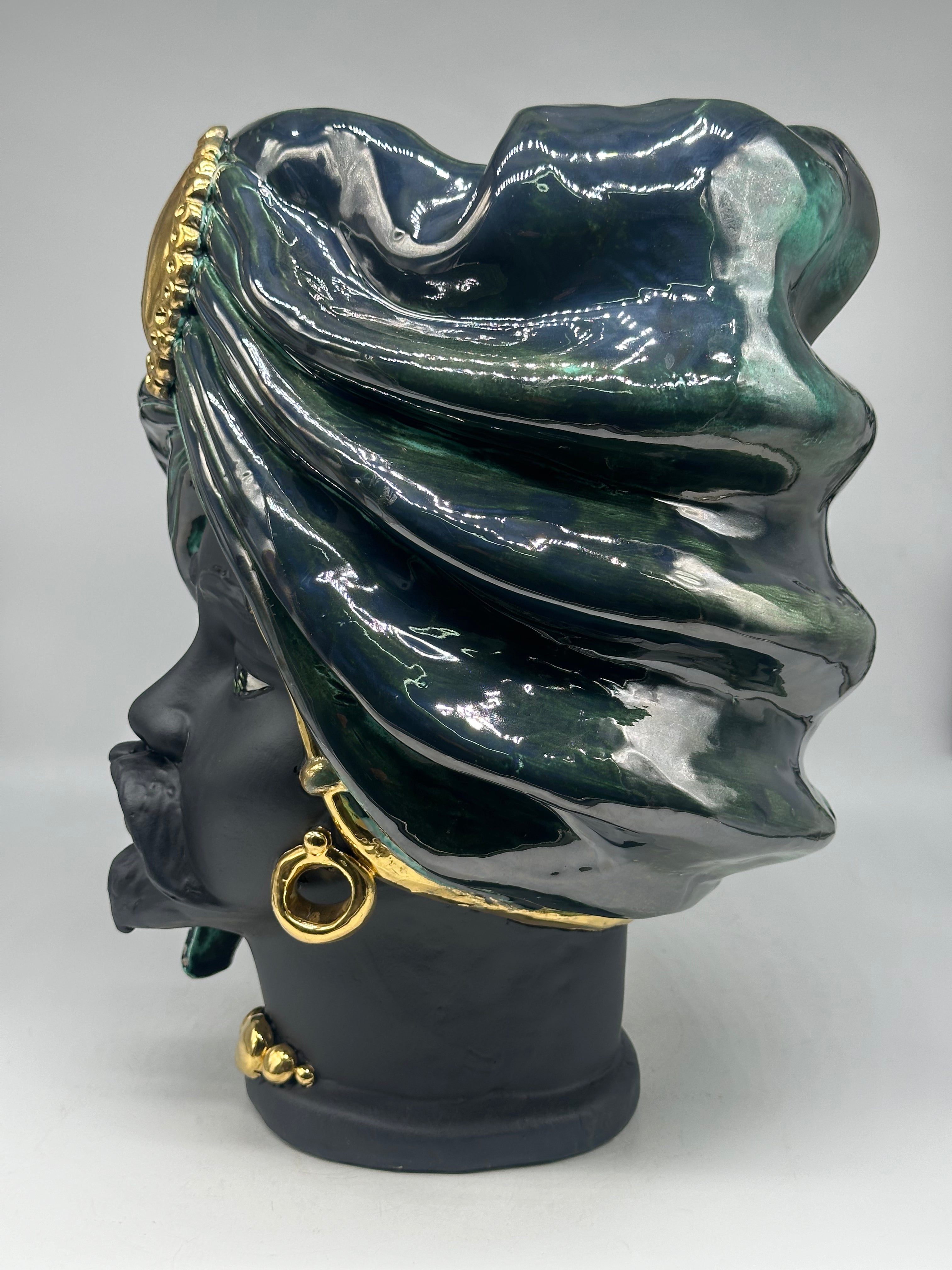 Teste di Moro Atena Ceramica Caltagirone cm H.40 L.28 Artigianale Verde Rame Nero Oro - TESTE DI MORO