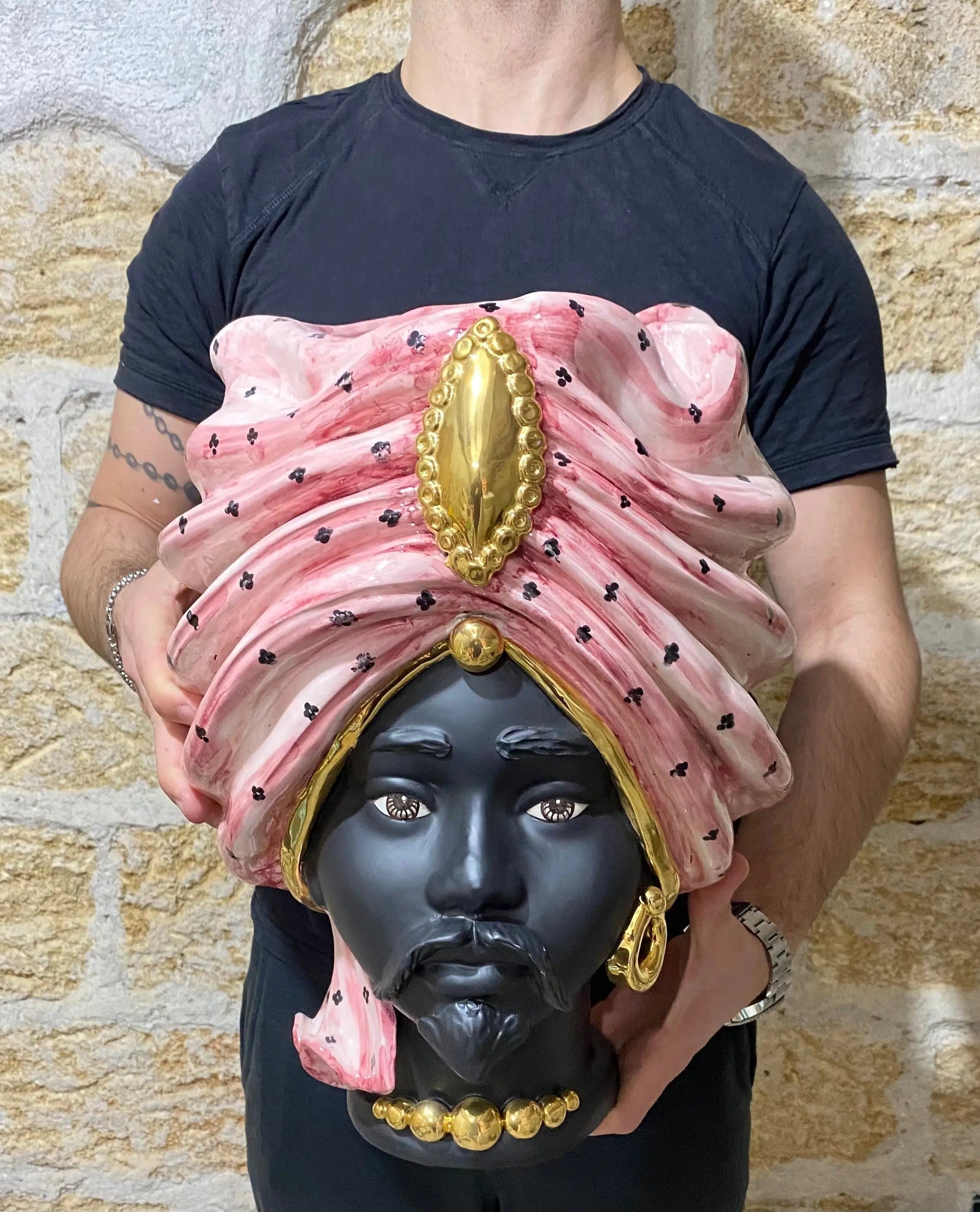 Teste di Moro Atena Ceramica Caltagirone cm H.40 L.28 Artigianale Rosa Pois Nero Oro DD CERAMICHE SICILIANE