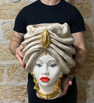 Teste di Moro Atena Ceramica Caltagirone cm H.40 L.28 Artigianale Écru Beige Oro - DD CERAMICHE SICILIANE