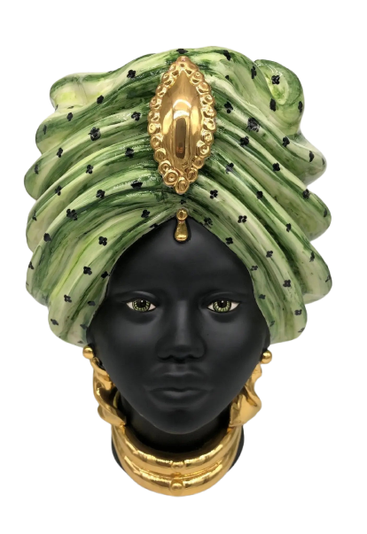 Teste di Moro Atena Ceramica Caltagirone cm H.40 L.28 Artigianale Verde Pois Nero Oro - DD CERAMICHE SICILIANE