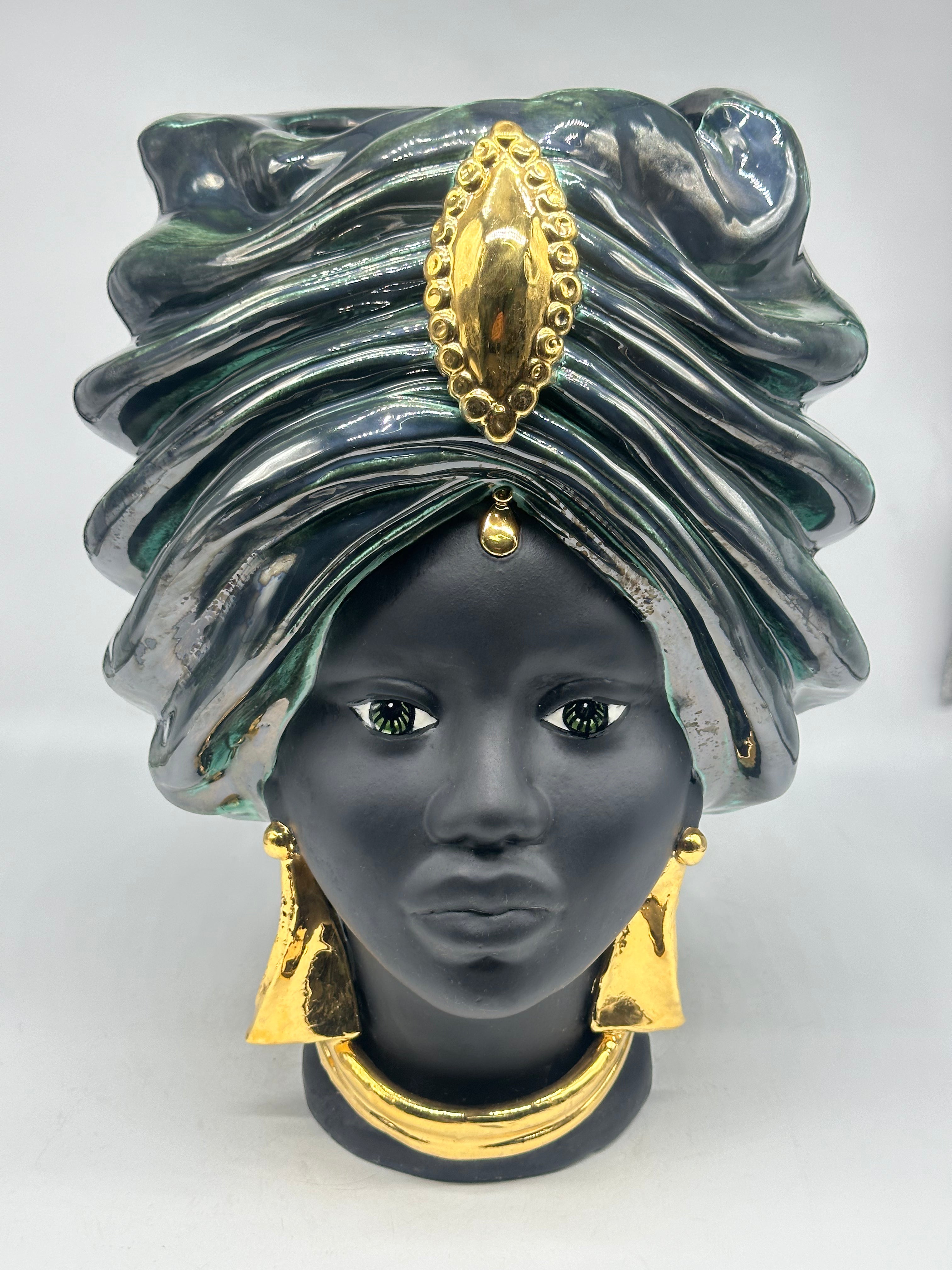 Teste di Moro Atena Ceramica Caltagirone cm H.40 L.28 Artigianale Verde Rame Nero Oro - Donna - TESTE DI MORO