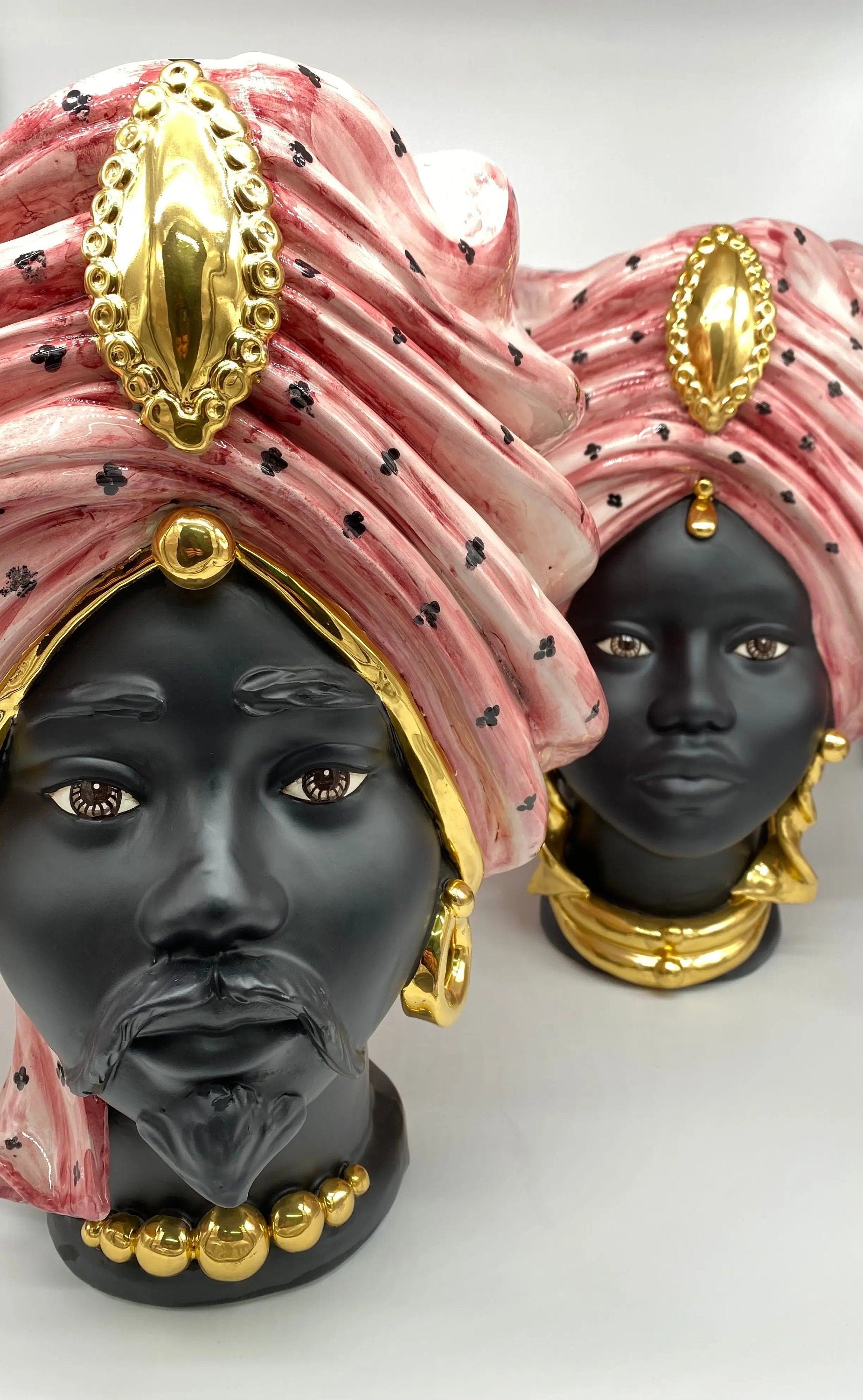 Teste di Moro Atena Ceramica Caltagirone cm H.40 L.28 Artigianale Rosa Pois Nero Oro DD CERAMICHE SICILIANE