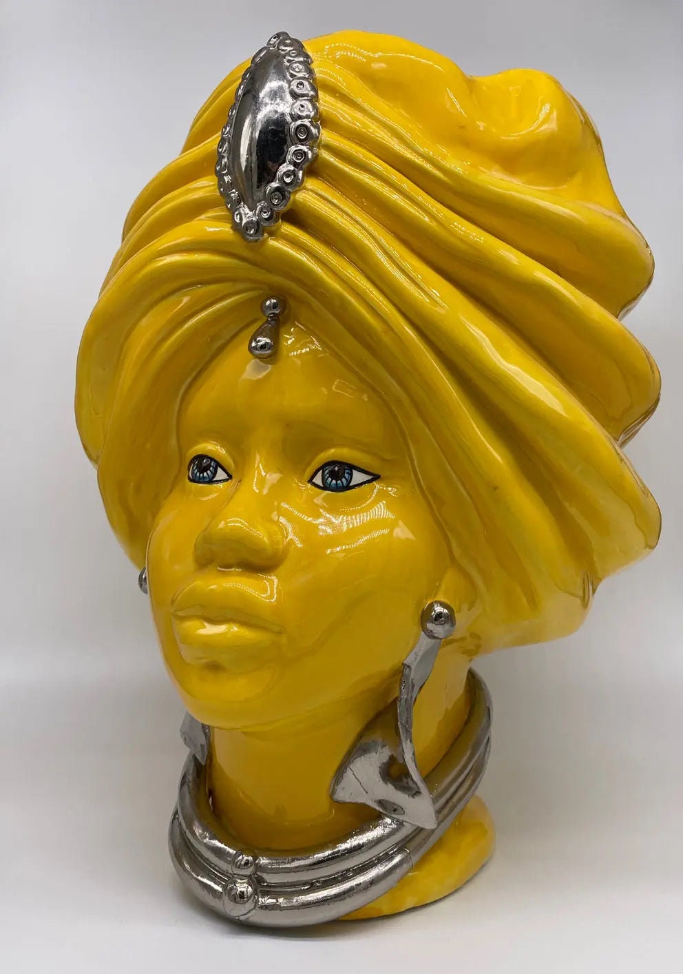 Teste di Moro Atena Ceramica Caltagirone cm H.40 L.28 Artigianale Giallo Platino DD CERAMICHE SICILIANE