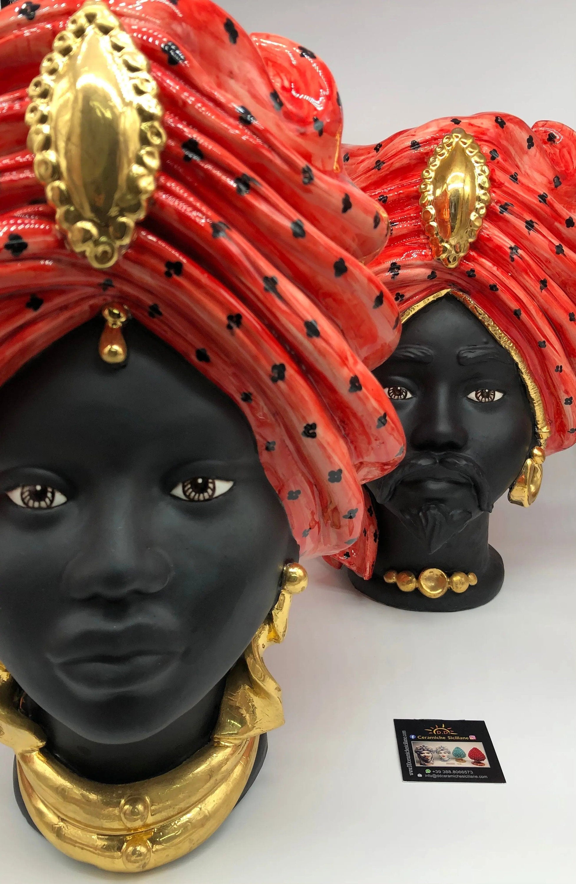 Teste di Moro Atena Ceramica Caltagirone cm H.40 L.28 Artigianale Rosso Pois Nero Oro DD CERAMICHE SICILIANE