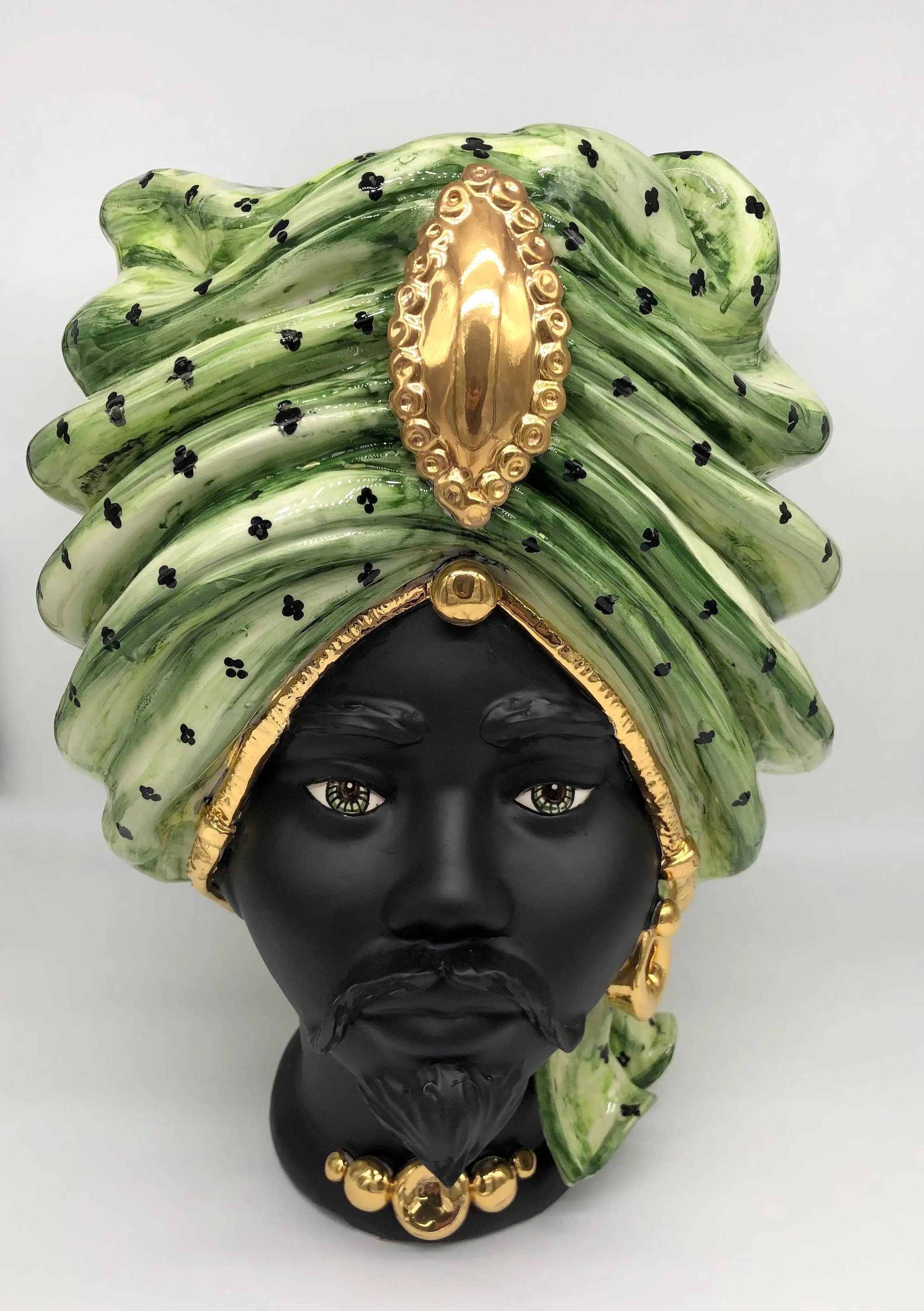 Teste di Moro Atena Ceramica Caltagirone cm H.40 L.28 Artigianale Verde Pois Nero Oro DD CERAMICHE SICILIANE