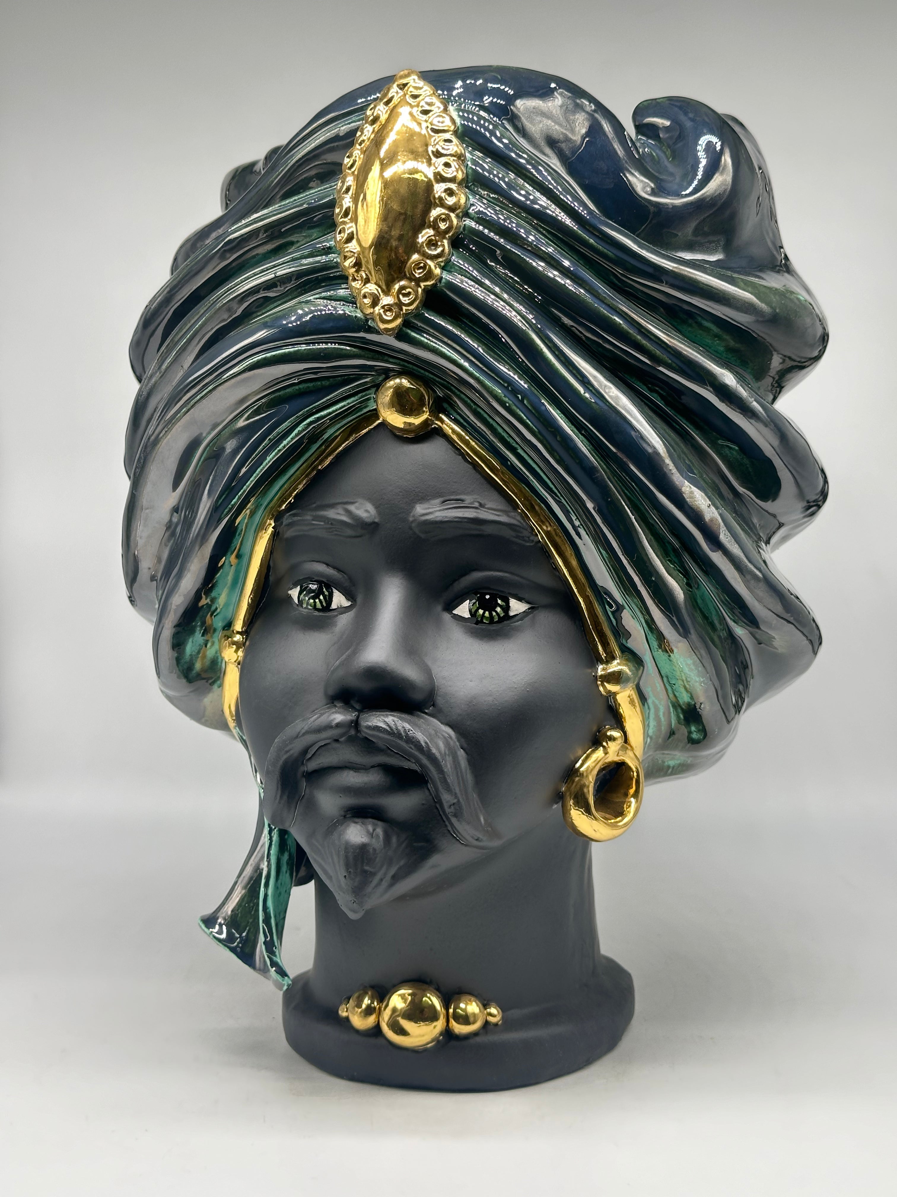 Teste di Moro Atena Ceramica Caltagirone cm H.40 L.28 Artigianale Verde Rame Nero Oro - TESTE DI MORO