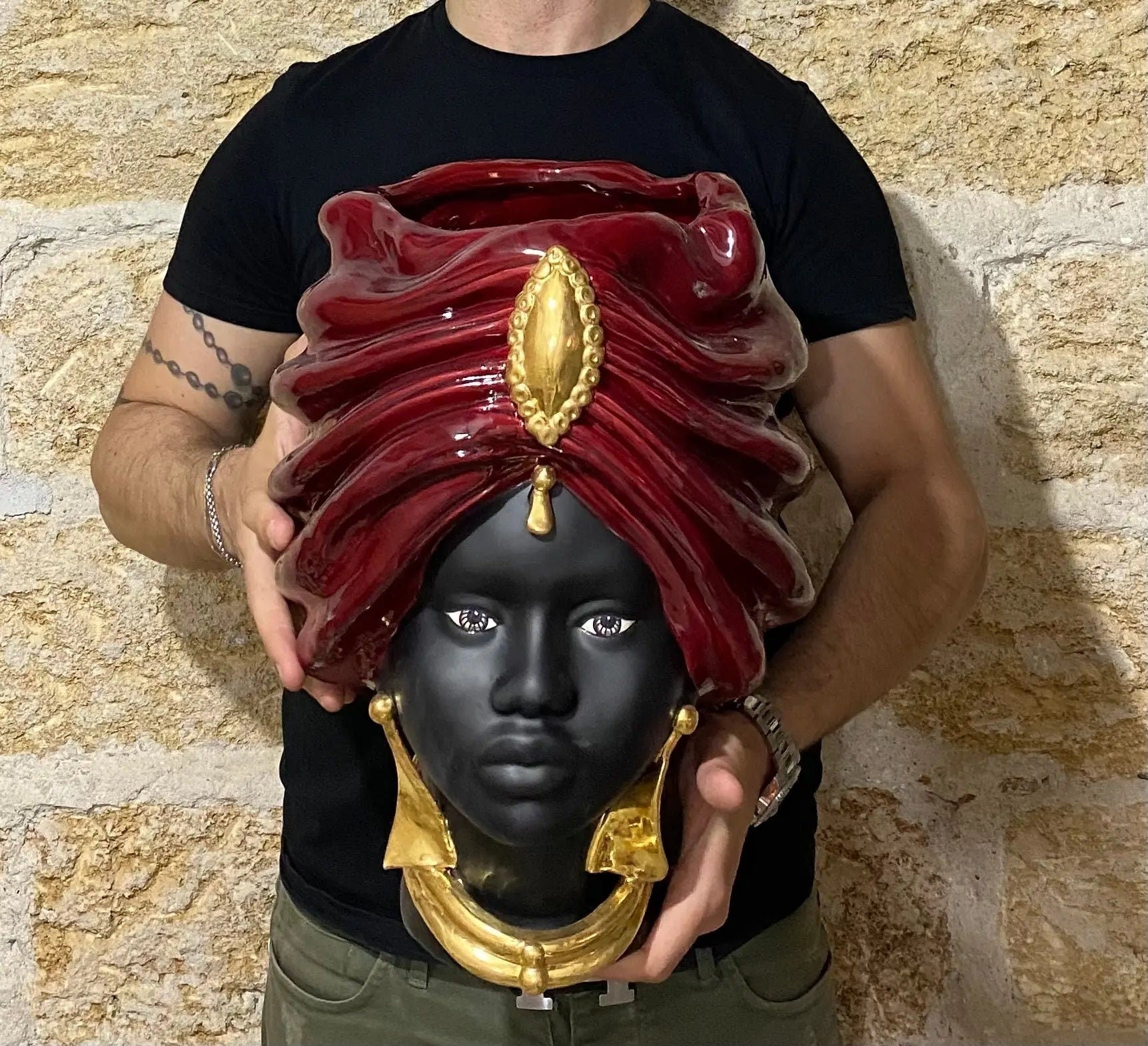 Teste di Moro Atena Ceramica Caltagirone cm H.40 L.28 Artigianale Bordeaux Nero Oro DD CERAMICHE SICILIANE