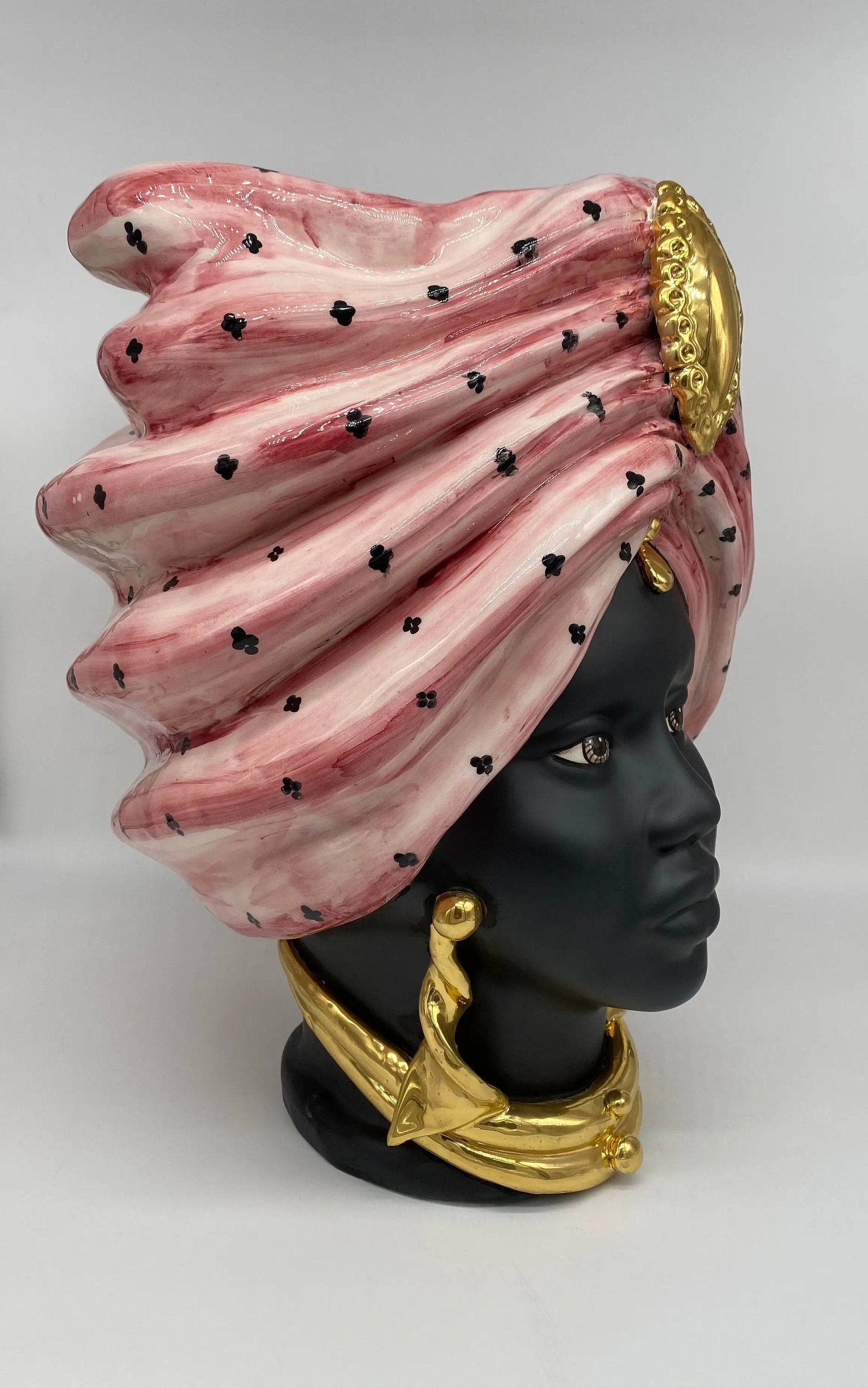 Teste di Moro Atena Ceramica Caltagirone cm H.40 L.28 Artigianale Rosa Pois Nero Oro DD CERAMICHE SICILIANE