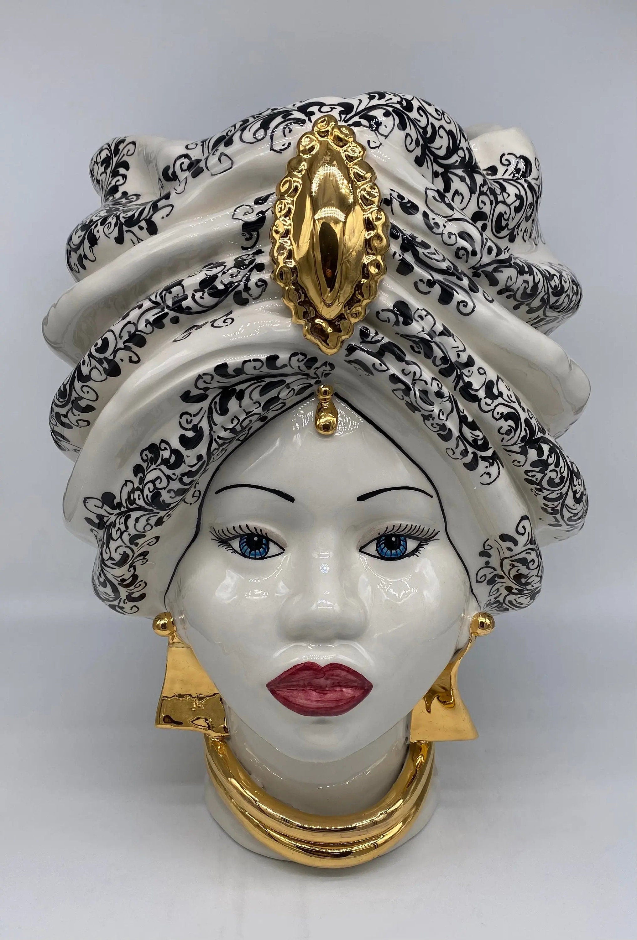 Teste di Moro Atena Ceramica Caltagirone cm H.40 L.28 Artigianale Opaco Bianco Barocco Oro DD CERAMICHE SICILIANE