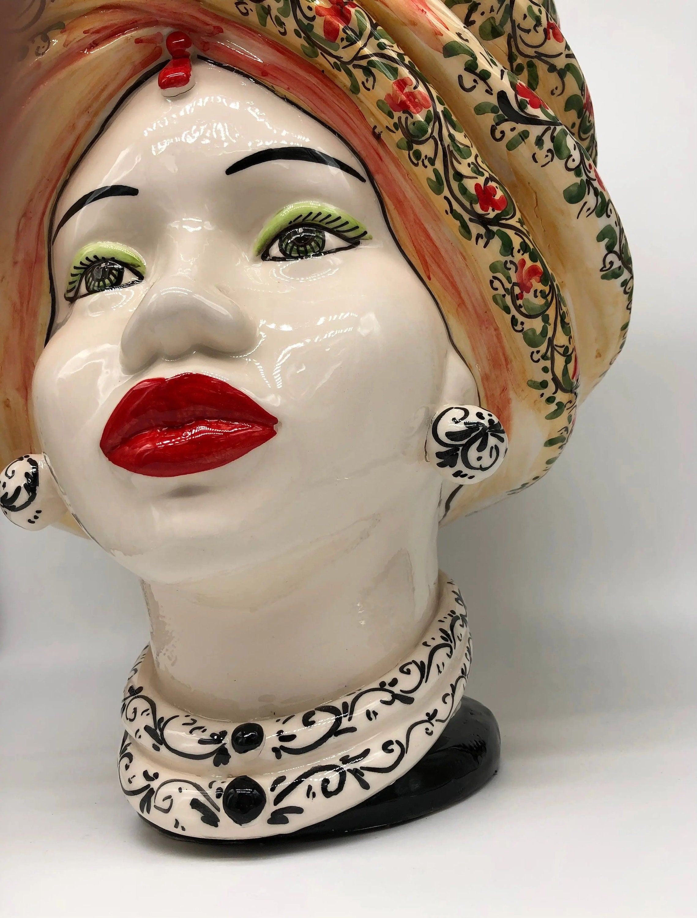 Teste di Moro Atena Ceramica Caltagirone cm H.40 L.28 Artigianale Decoro Floreale DD CERAMICHE SICILIANE