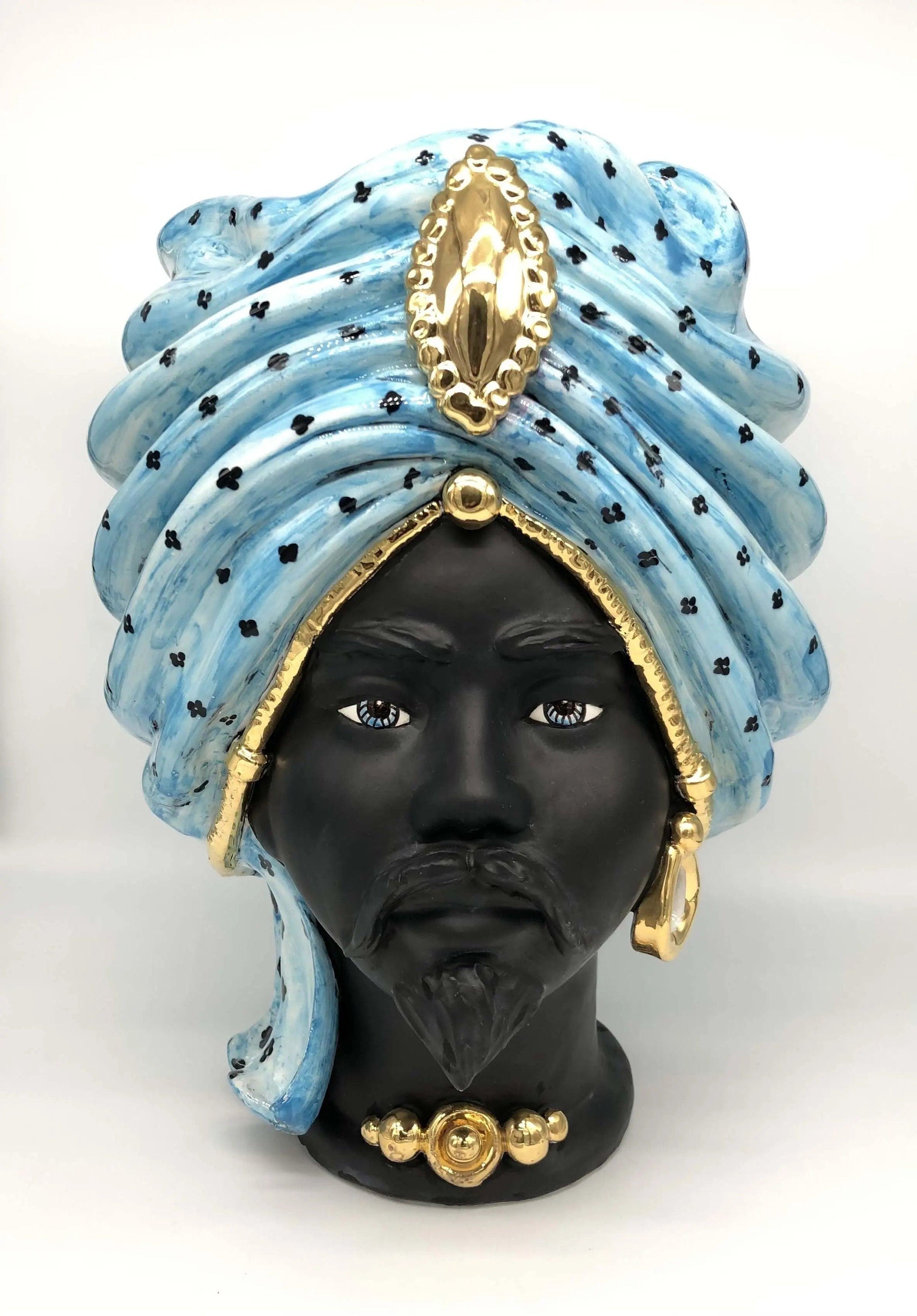 Teste di Moro Atena Ceramica Caltagirone cm H.40 L.28 Artigianale Celeste Pois Nero Oro DD CERAMICHE SICILIANE