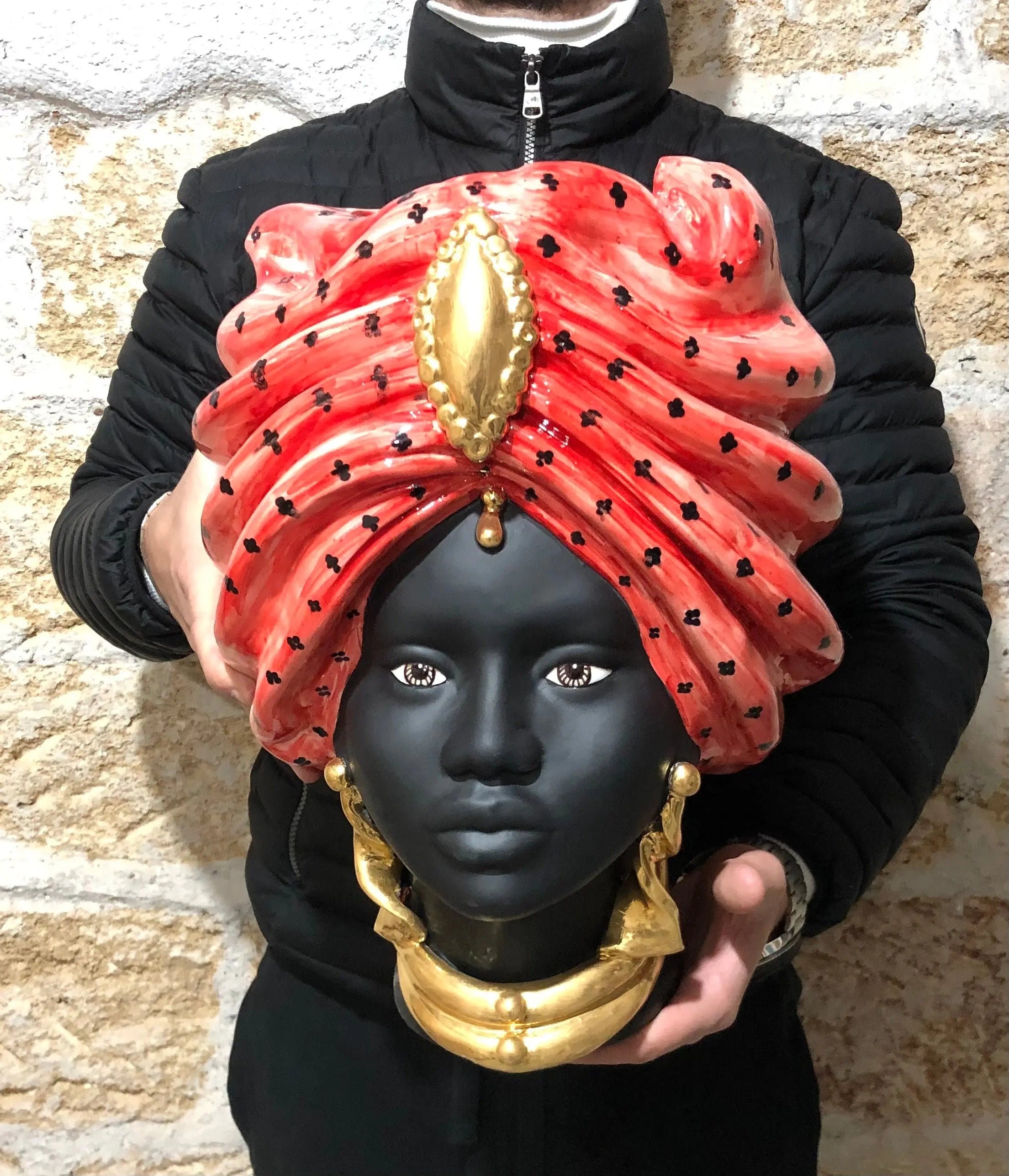 Teste di Moro Atena Ceramica Caltagirone cm H.40 L.28 Artigianale Rosso Pois Nero Oro DD CERAMICHE SICILIANE