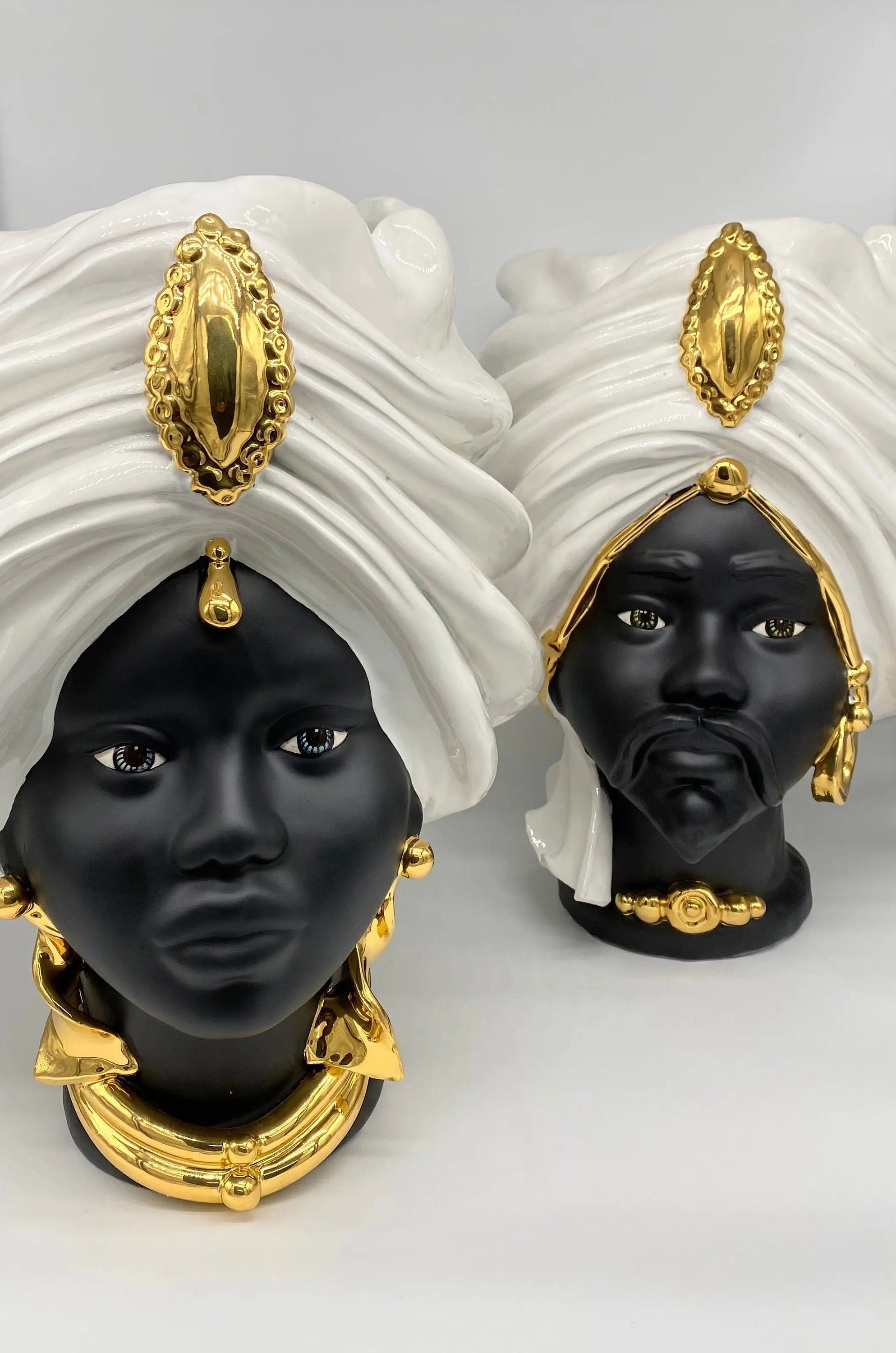 Teste di Moro Atena Ceramica Caltagirone cm H.40 L.28 Artigianale Bianco Nero Oro DD CERAMICHE SICILIANE