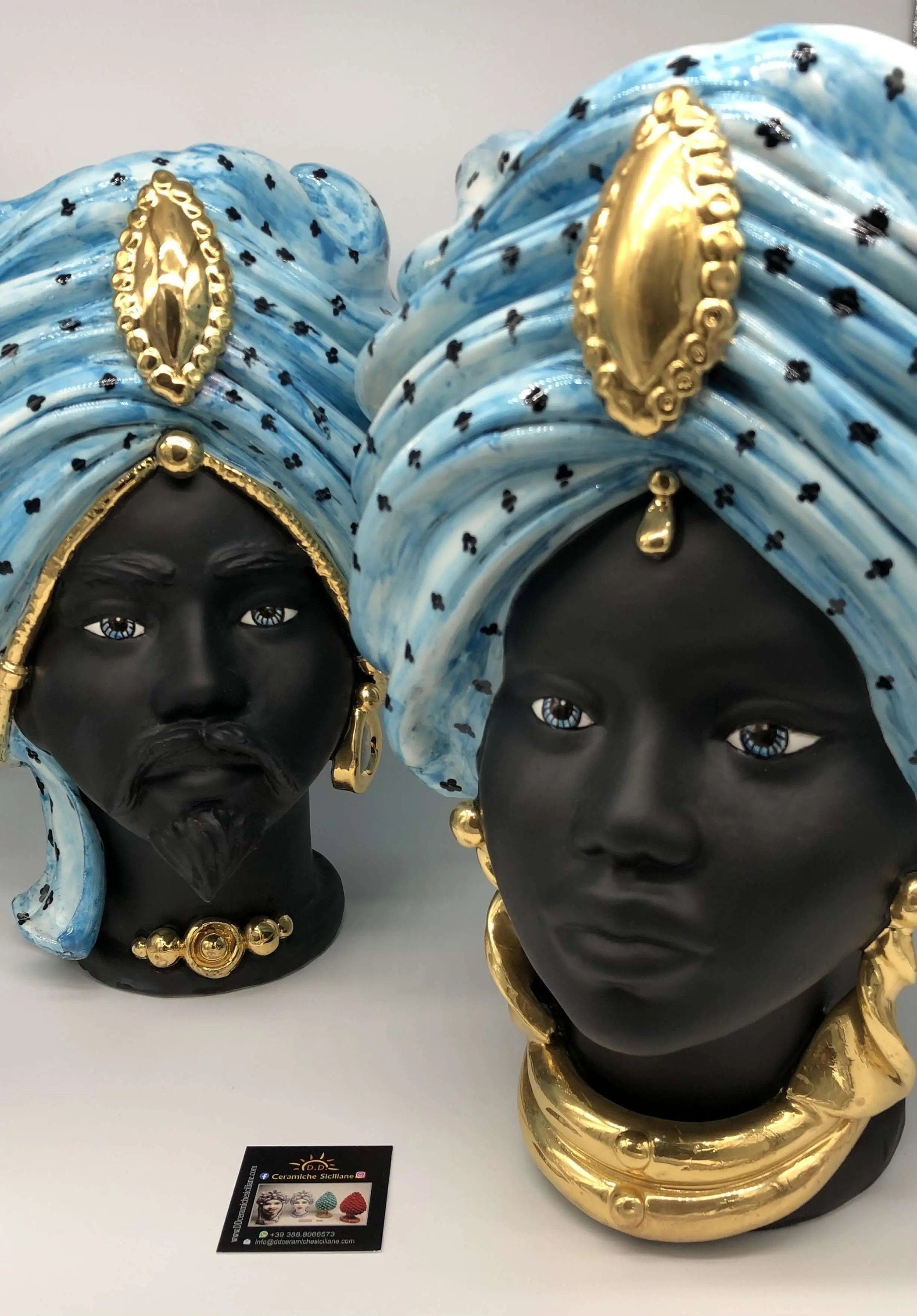 Teste di Moro Atena Ceramica Caltagirone cm H.40 L.28 Artigianale Celeste Pois Nero Oro DD CERAMICHE SICILIANE