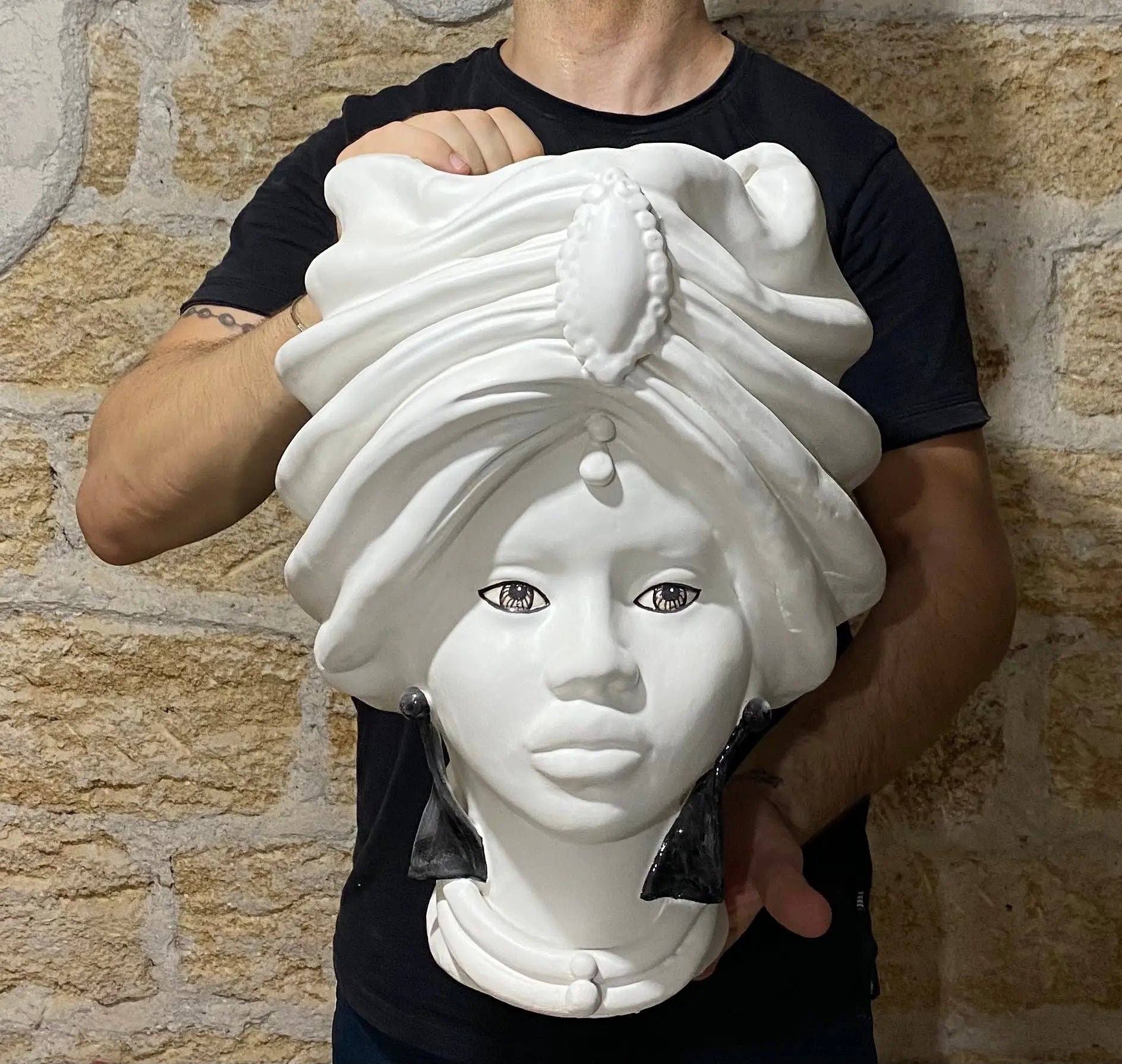Teste di Moro Atena Ceramica Caltagirone cm H.40 L.28 Artigianale Bianco Opaco DD CERAMICHE SICILIANE