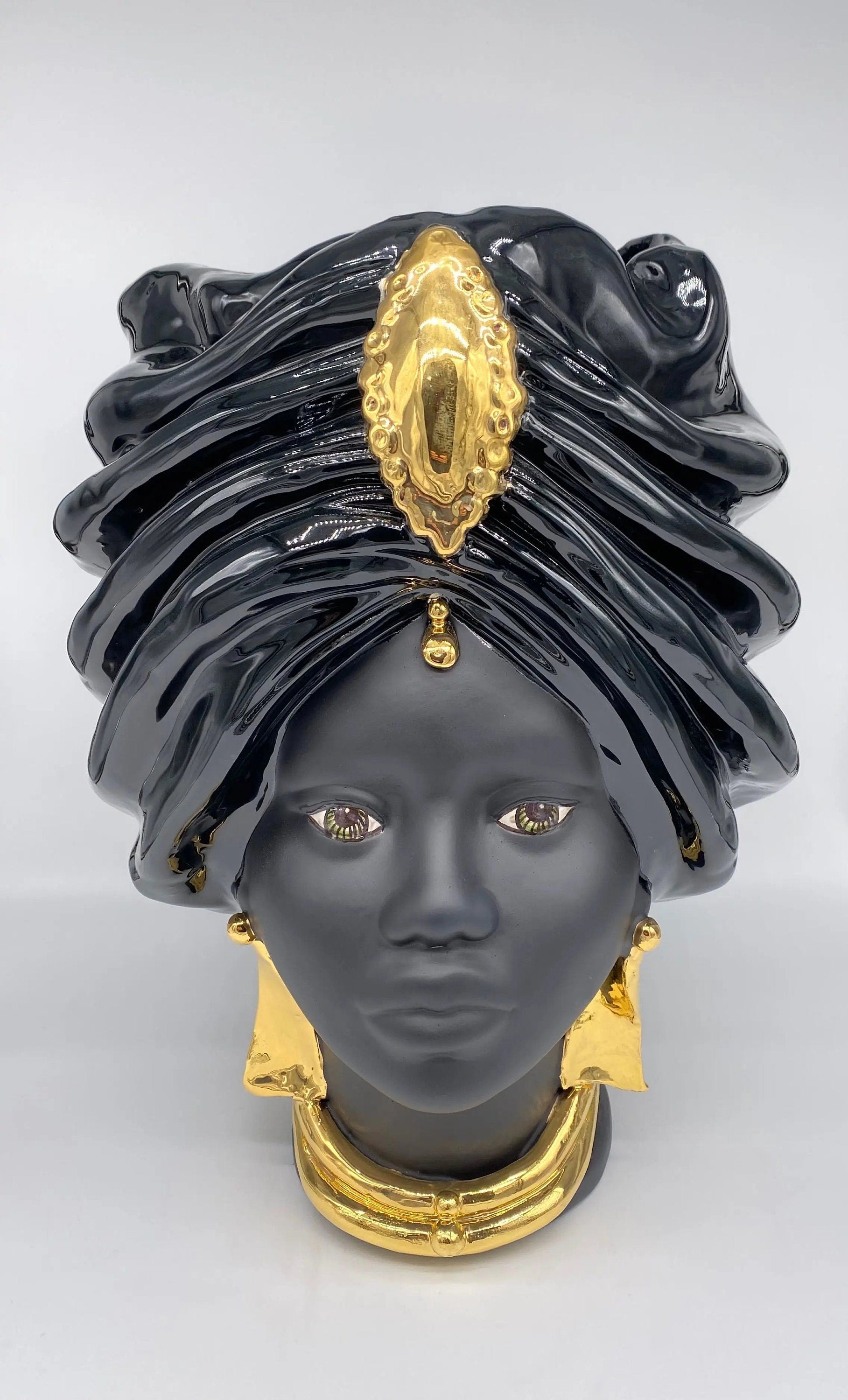 Teste di Moro Atena Ceramica Caltagirone cm H.40 L.28 Artigianale Nero Oro DD CERAMICHE SICILIANE