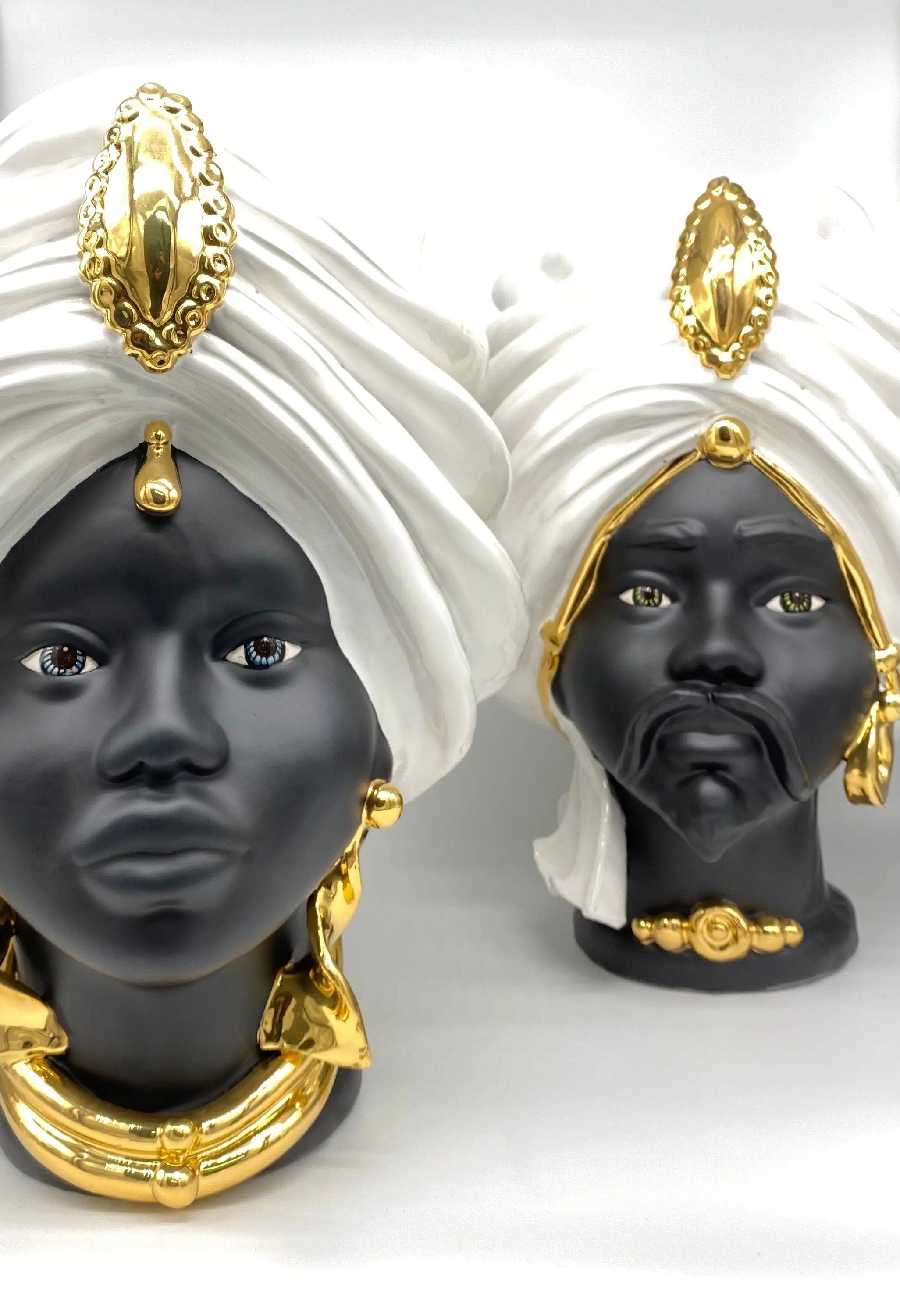 Teste di Moro Atena Ceramica Caltagirone cm H.40 L.28 Artigianale Bianco Nero Oro DD CERAMICHE SICILIANE