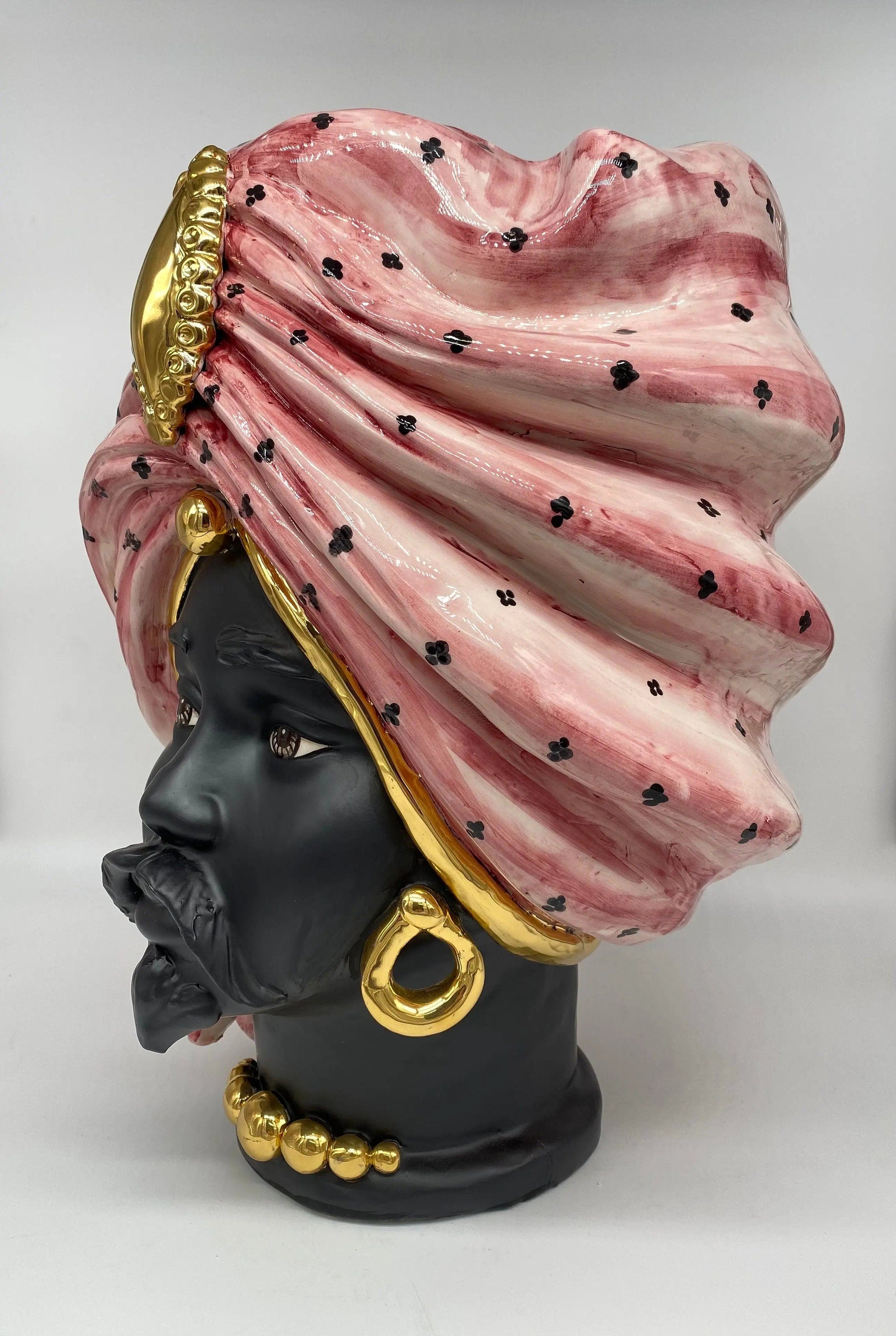 Teste di Moro Atena Ceramica Caltagirone cm H.40 L.28 Artigianale Rosa Pois Nero Oro DD CERAMICHE SICILIANE