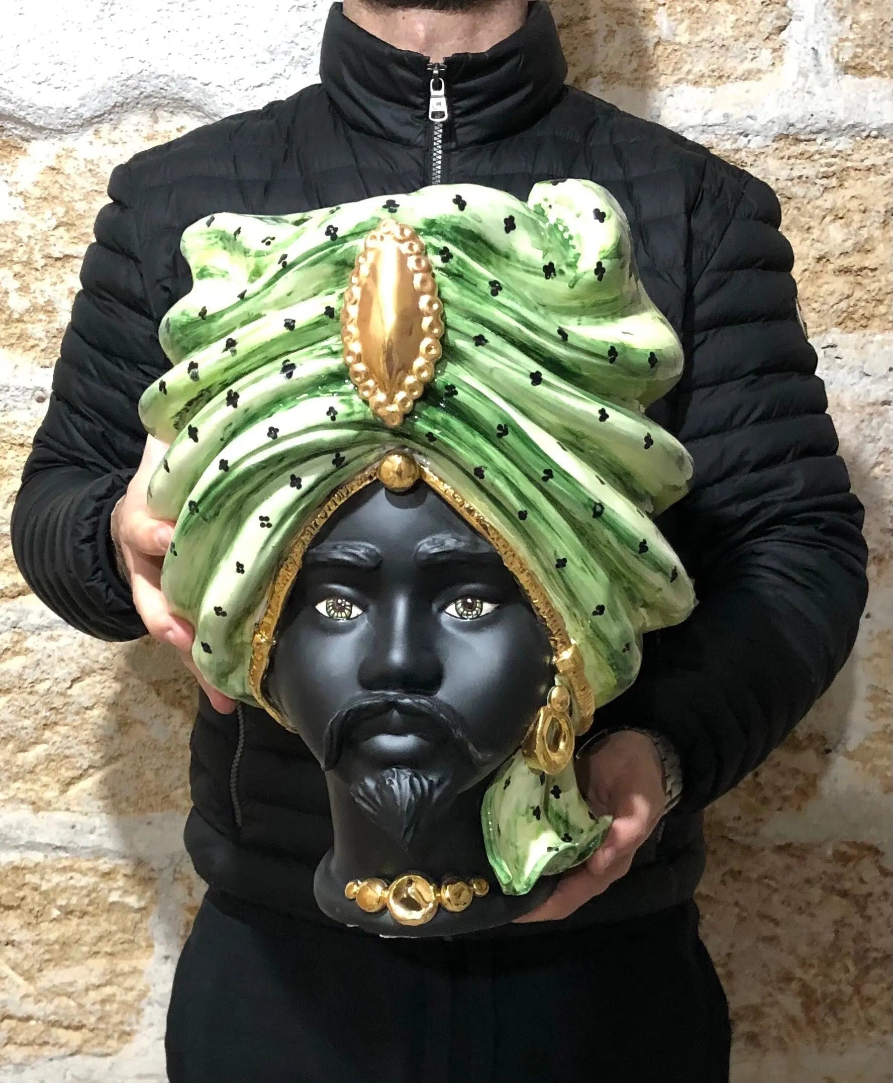 Teste di Moro Atena Ceramica Caltagirone cm H.40 L.28 Artigianale Verde Pois Nero Oro DD CERAMICHE SICILIANE