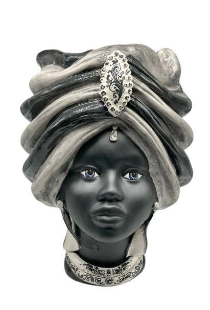 Teste di Moro Atena Ceramica Caltagirone cm H.40 L.28 Artigianale Striscie Grigio Nero - Donna - TESTA DI MORO