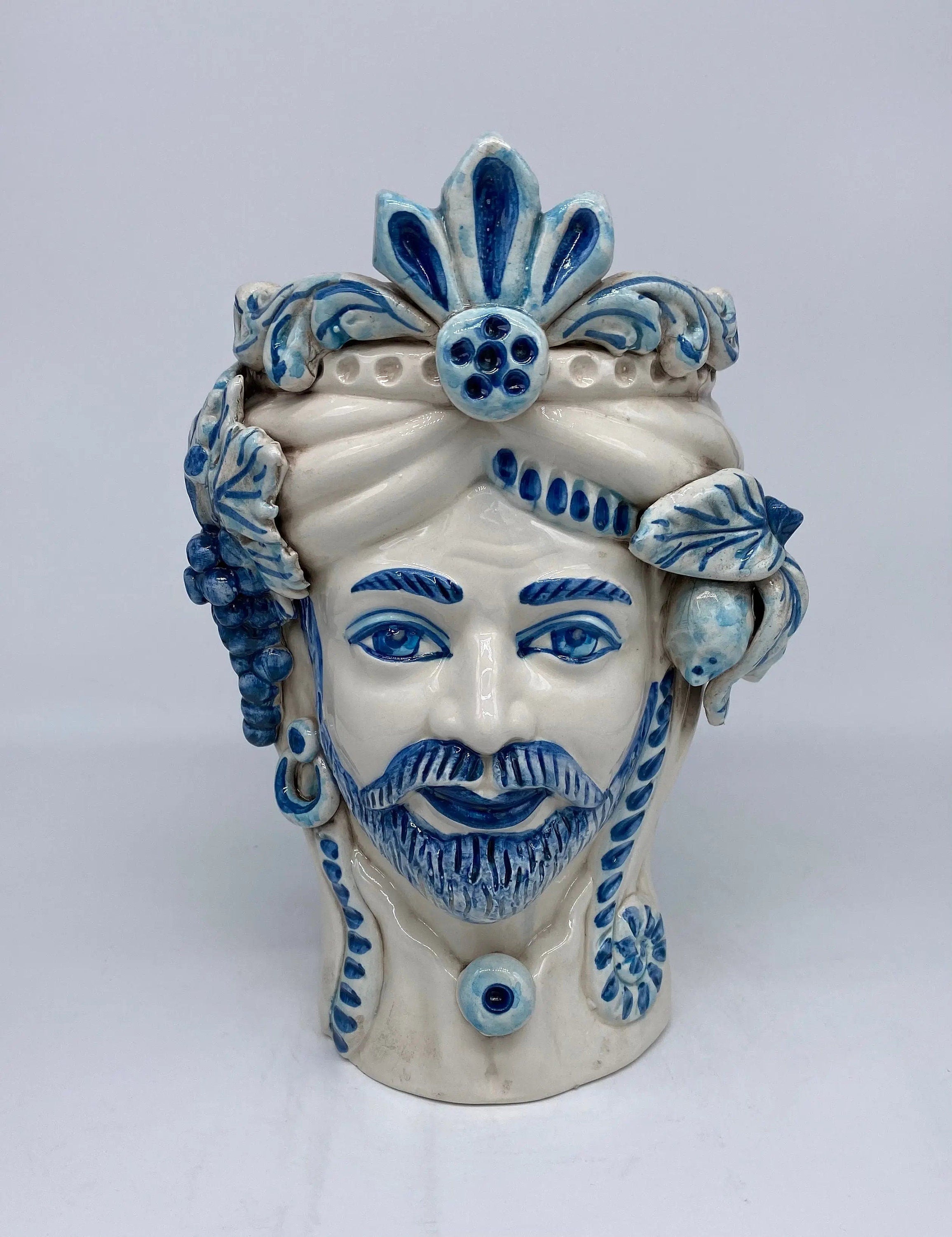 Teste di Moro Classica Ceramica Caltagirone cm H.27 L.20 Artigianale Bianco Blu DD CERAMICHE SICILIANE