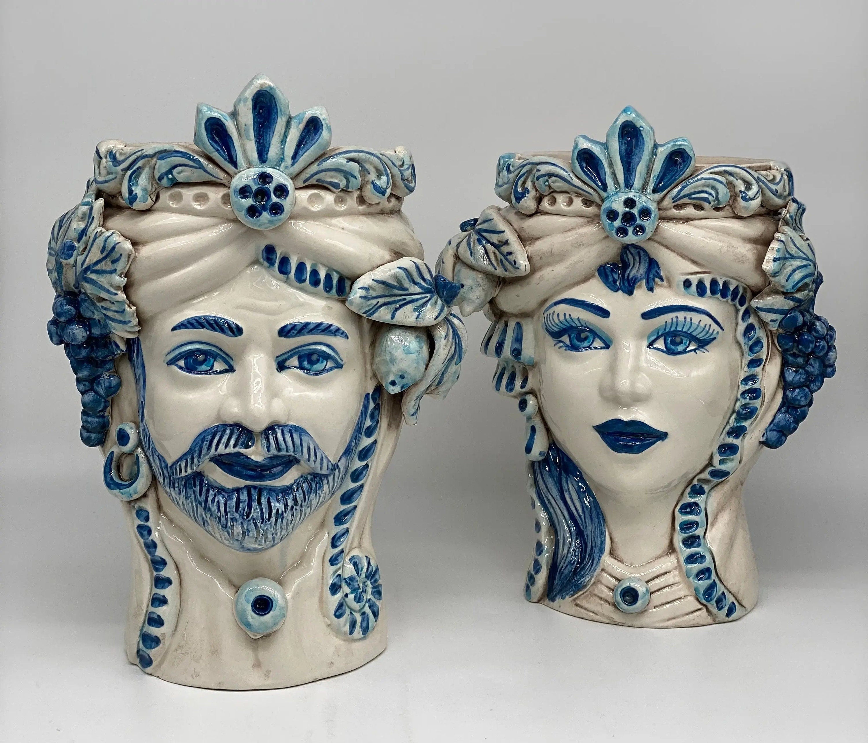 Teste di Moro Classica Ceramica Caltagirone cm H.27 L.20 Artigianale Bianco Blu DD CERAMICHE SICILIANE