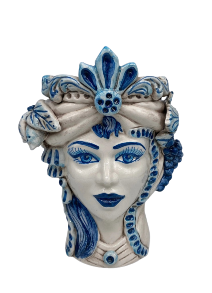 Teste di Moro Classica Ceramica Caltagirone cm H.27 L.20 Artigianale Bianco Blu - DD CERAMICHE SICILIANE