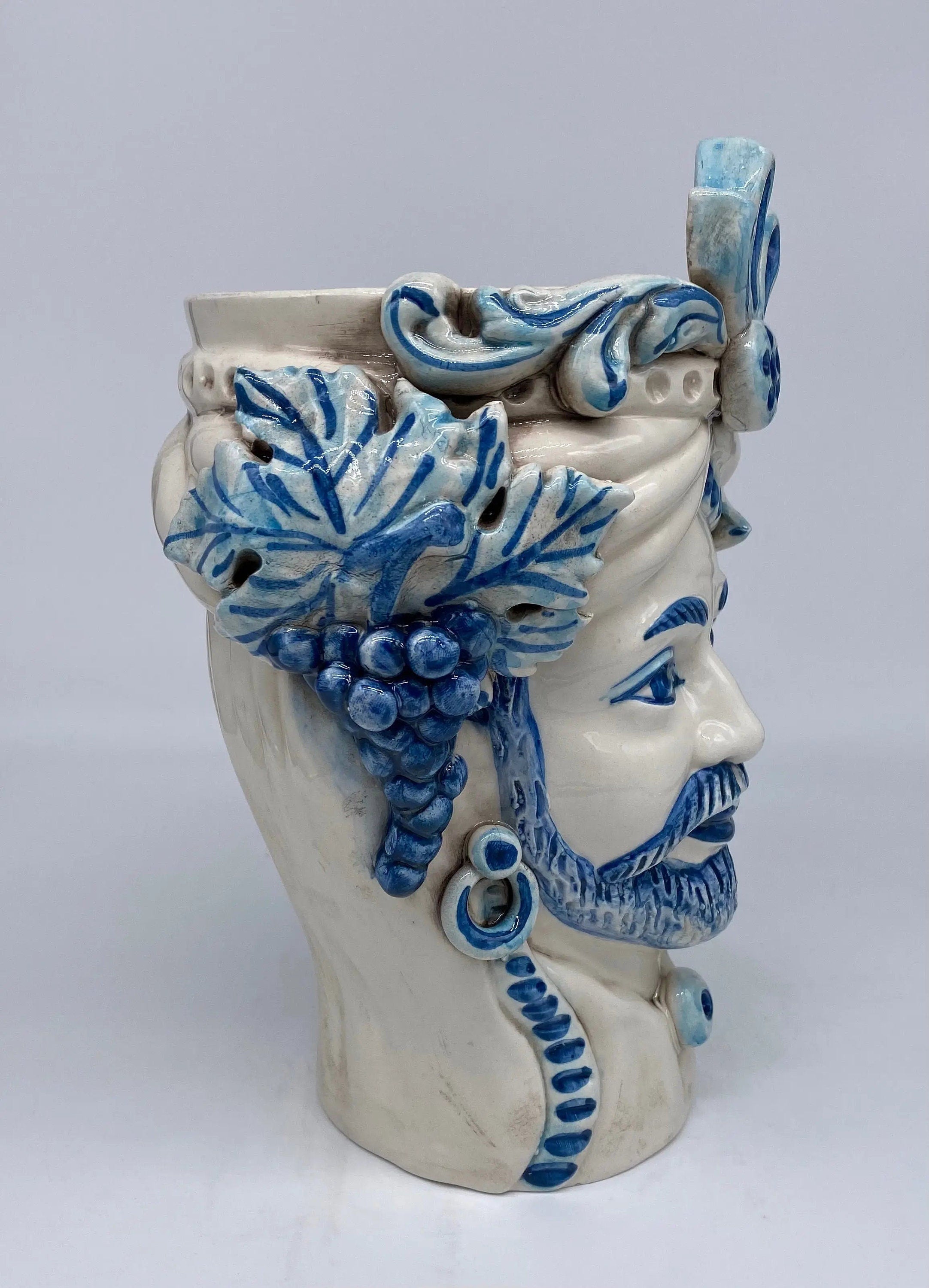 Teste di Moro Classica Ceramica Caltagirone cm H.27 L.20 Artigianale Bianco Blu DD CERAMICHE SICILIANE