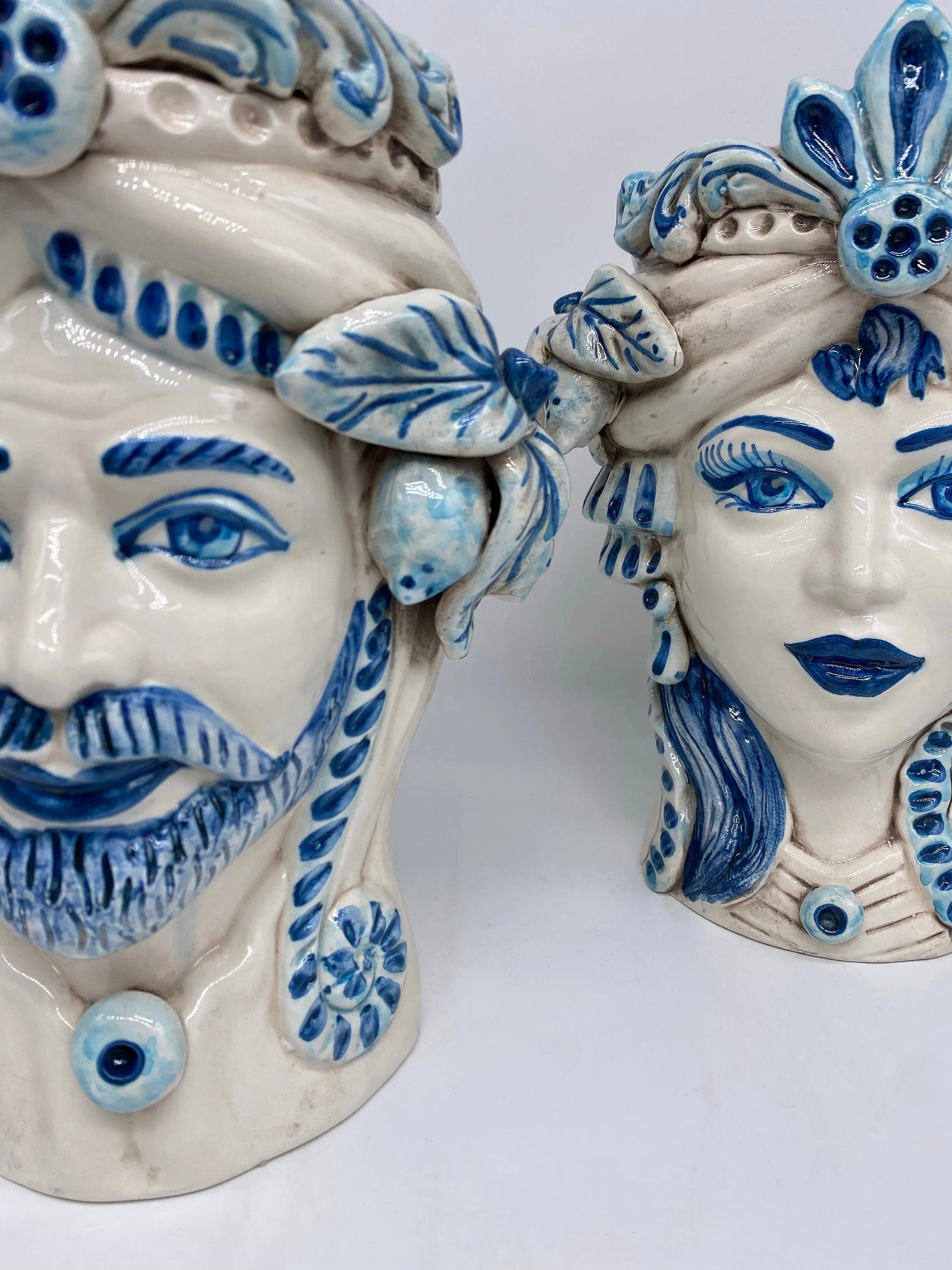 Teste di Moro Classica Ceramica Caltagirone cm H.27 L.20 Artigianale Bianco Blu DD CERAMICHE SICILIANE