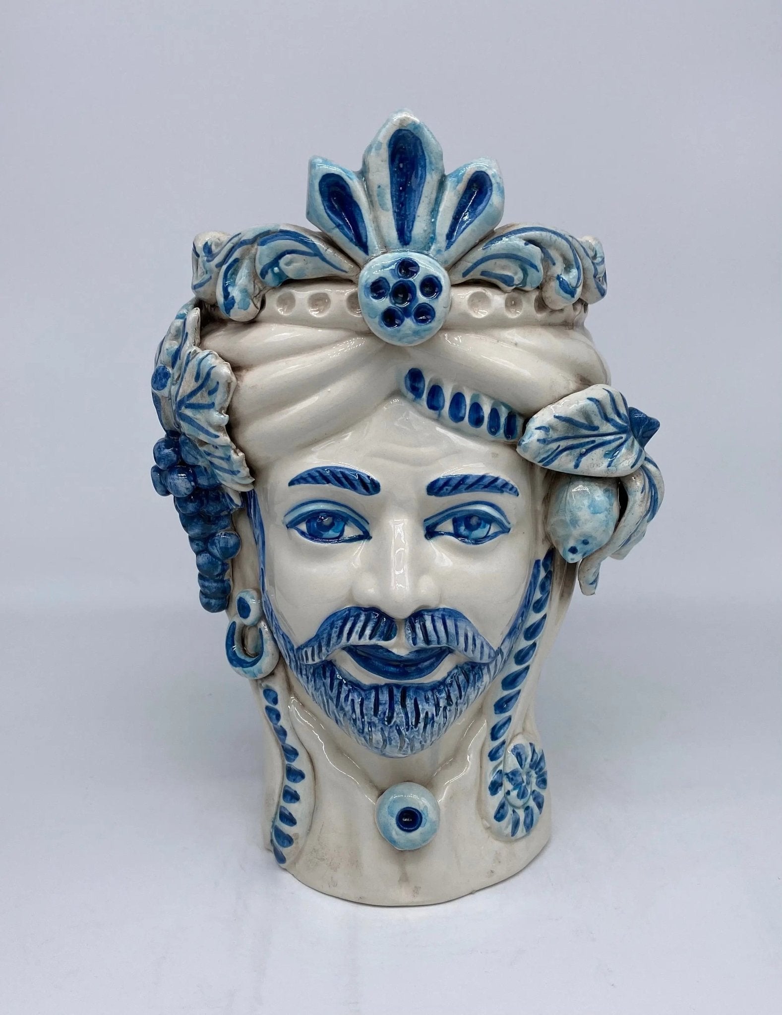 Teste di Moro Classica Ceramica Caltagirone cm H.27 L.20 Artigianale Bianco Blu - DD CERAMICHE SICILIANE