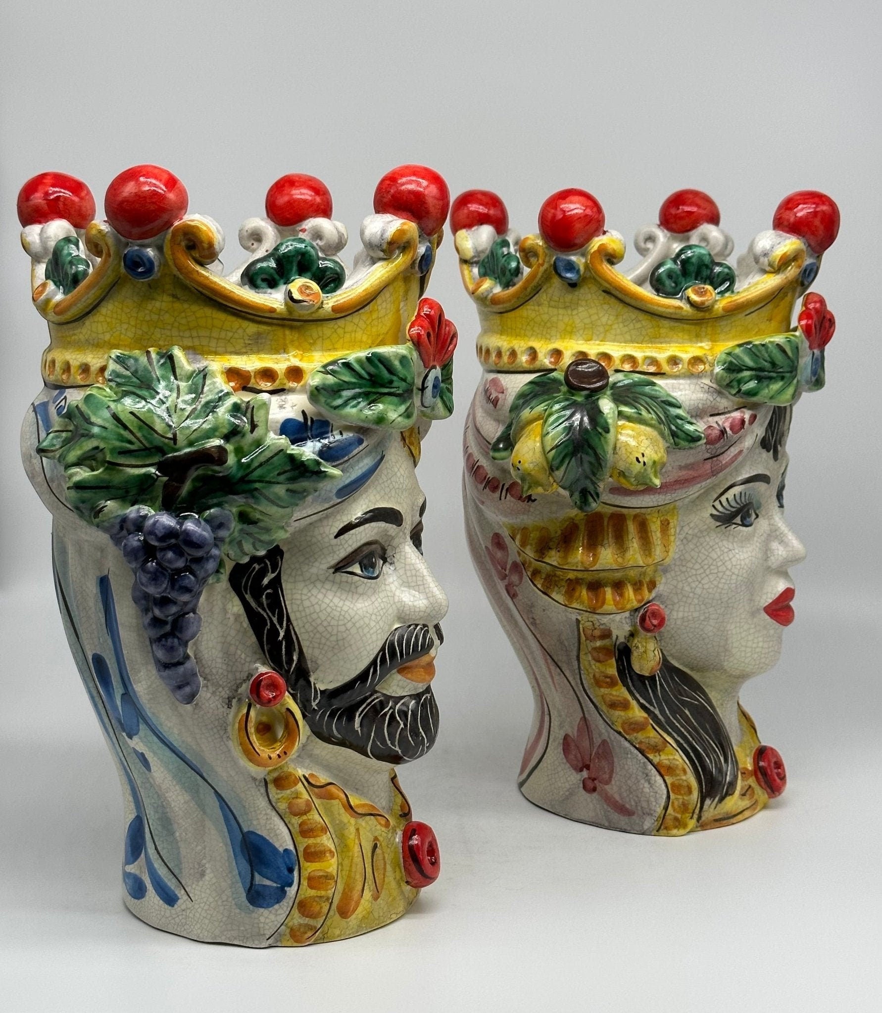 Teste di Moro Classica Corona Sfere Ceramica Caltagirone cm H.30 L.20 Craquelé - DD CERAMICHE SICILIANE