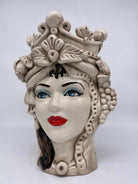 Teste di Moro Classica Corona Sfere Écru Ceramica di Caltagirone cm H.28 L.20 Artigianale DD CERAMICHE SICILIANE