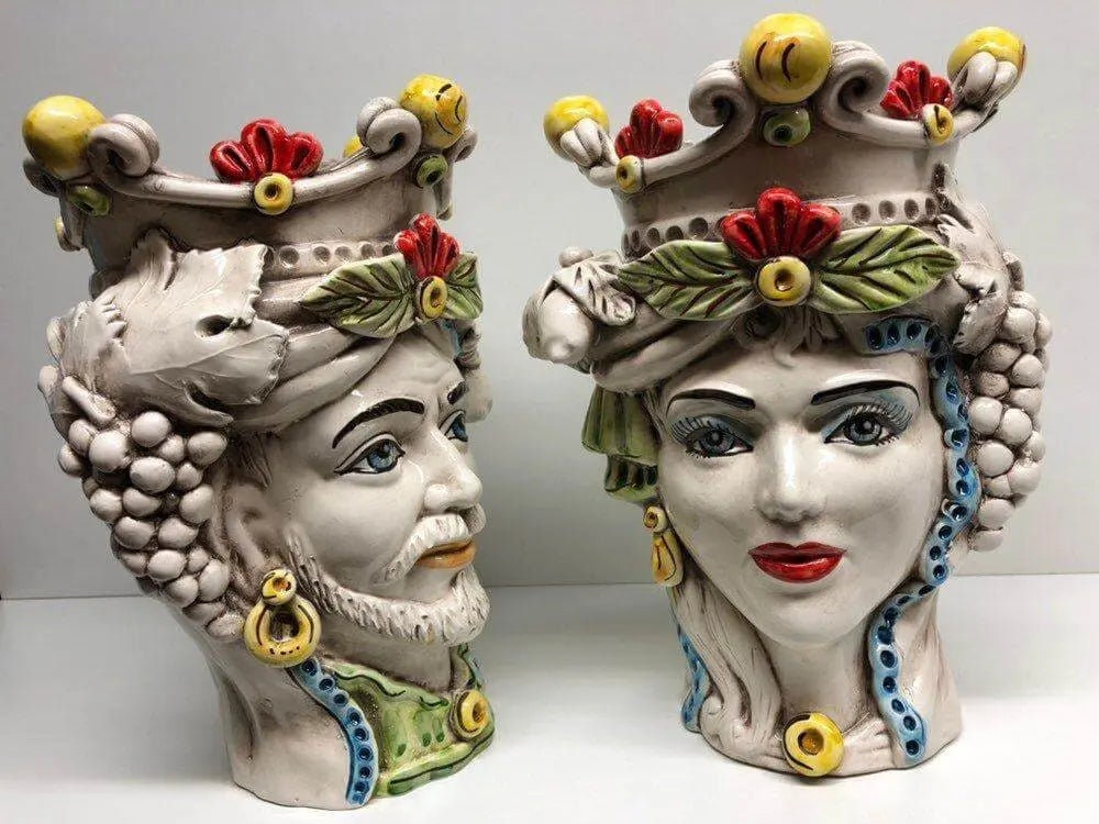 Teste di Moro Classica Corona Sfere Giallo Ceramica Caltagirone cm H.28 L.20 Artigianale DD CERAMICHE SICILIANE