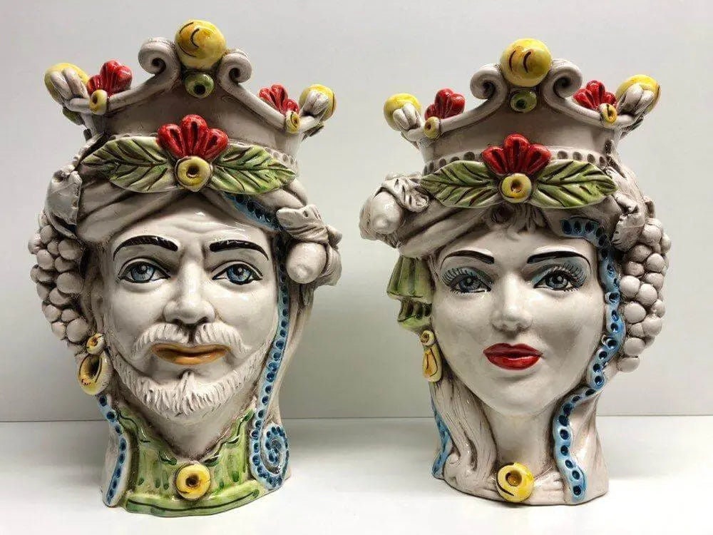 Teste di Moro Classica Corona Sfere Giallo Ceramica Caltagirone cm H.28 L.20 Artigianale DD CERAMICHE SICILIANE