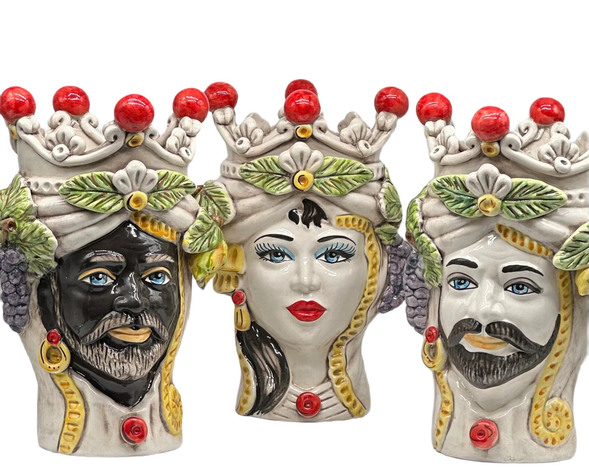 Teste di Moro Classica Corona Sfere Rosso Ceramica Caltagirone cm H.28 L.20 Artigianale - TESTA DI MORO