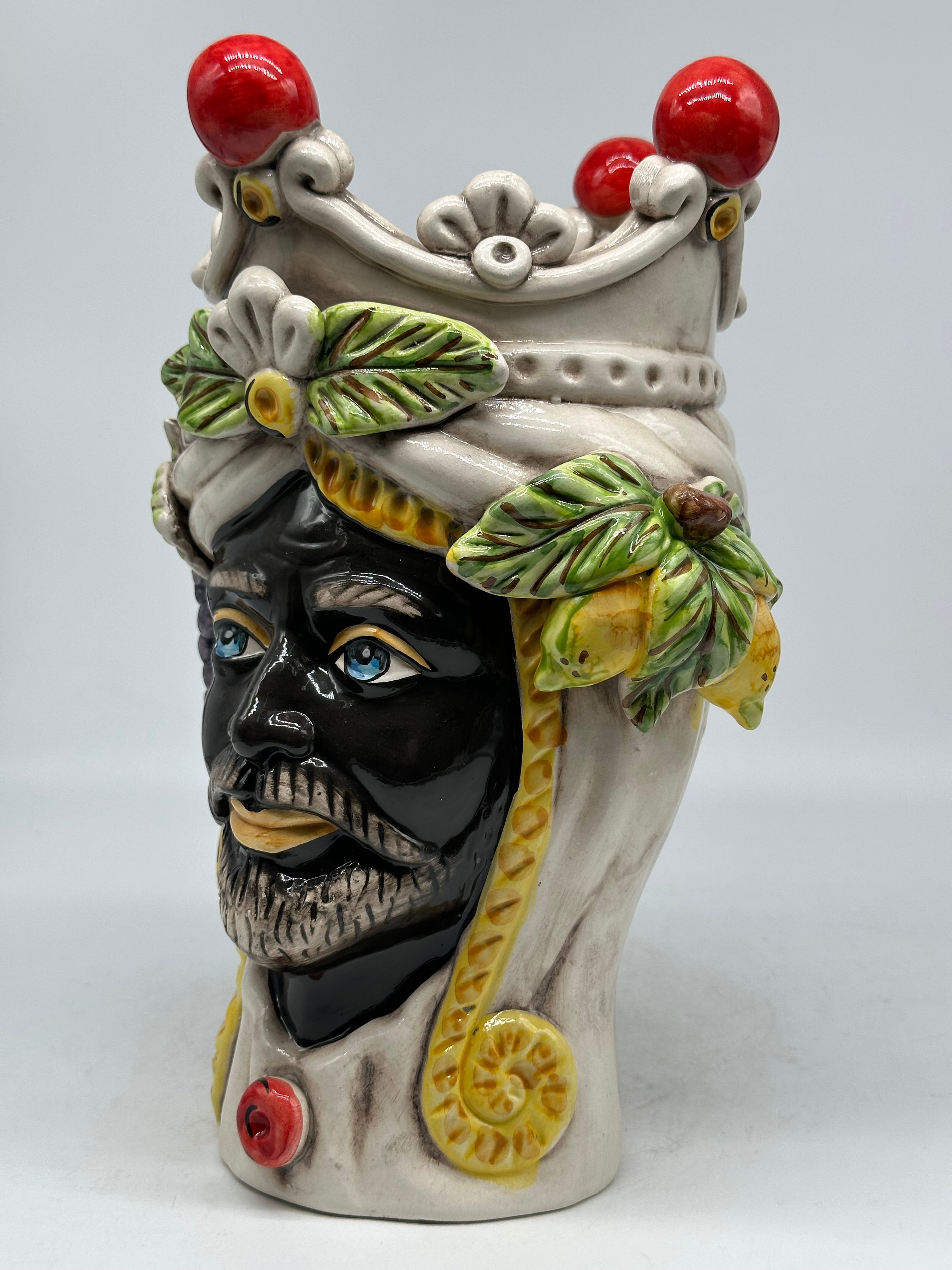 Teste di Moro Classica Corona Sfere Rosso Ceramica Caltagirone cm H.28 L.20 Artigianale - TESTA DI MORO