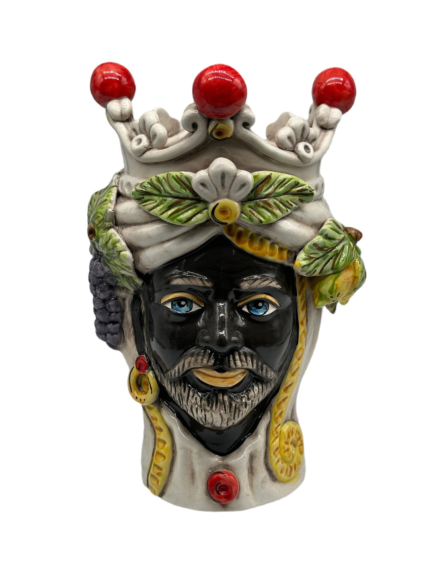 Teste di Moro Classica Corona Sfere Rosso Ceramica Caltagirone cm H.28 L.20 Artigianale - Re Nero - TESTA DI MORO