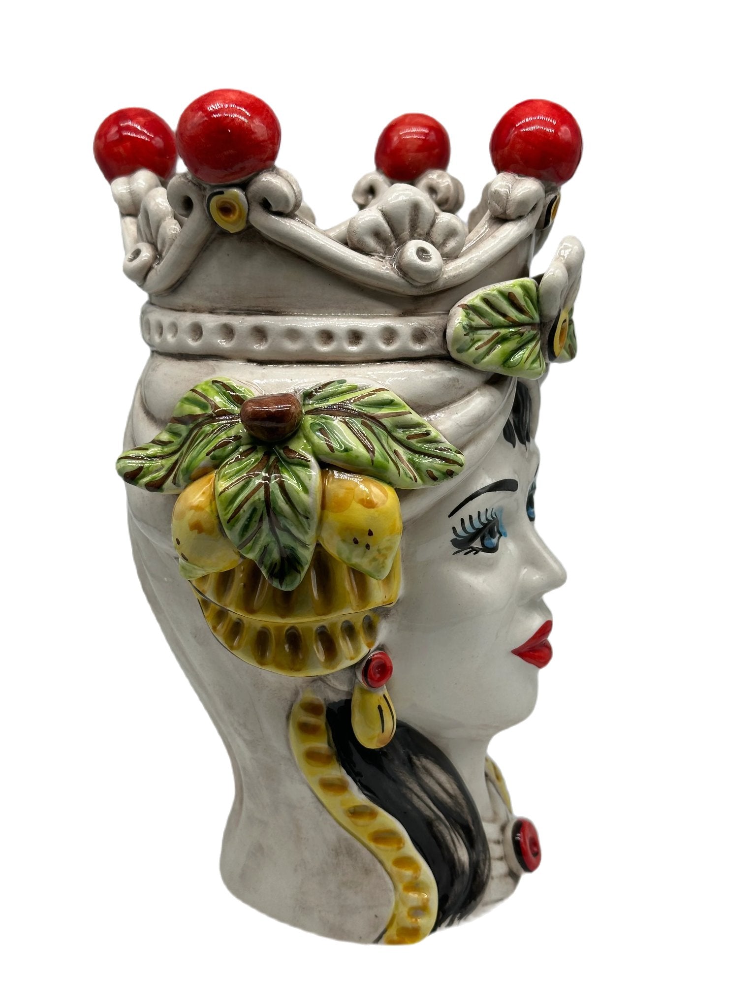 Teste di Moro Classica Corona Sfere Rosso Ceramica Caltagirone cm H.28 L.20 Artigianale - TESTA DI MORO