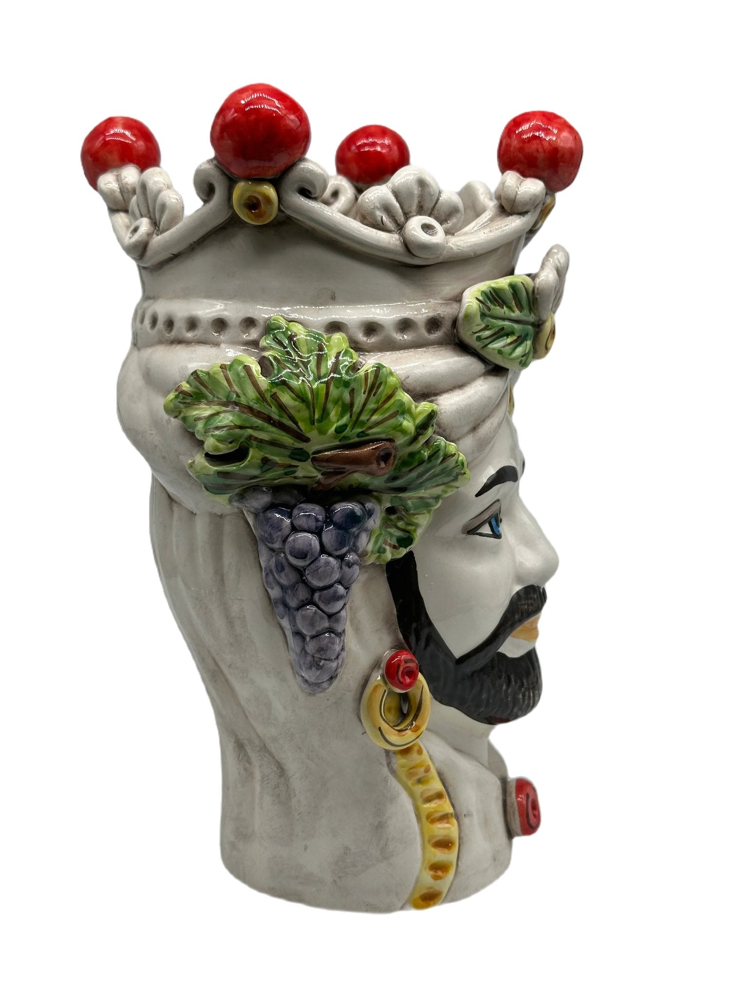 Teste di Moro Classica Corona Sfere Rosso Ceramica Caltagirone cm H.28 L.20 Artigianale - TESTA DI MORO