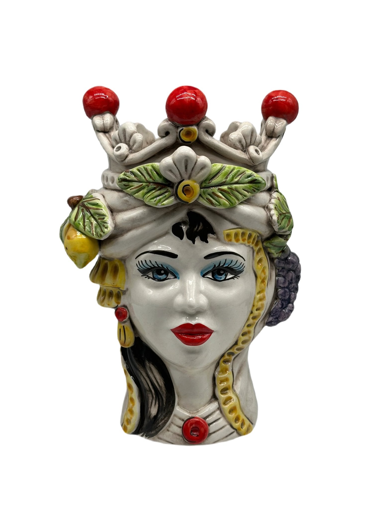 Teste di Moro Classica Corona Sfere Rosso Ceramica Caltagirone cm H.28 L.20 Artigianale - Regina - TESTA DI MORO