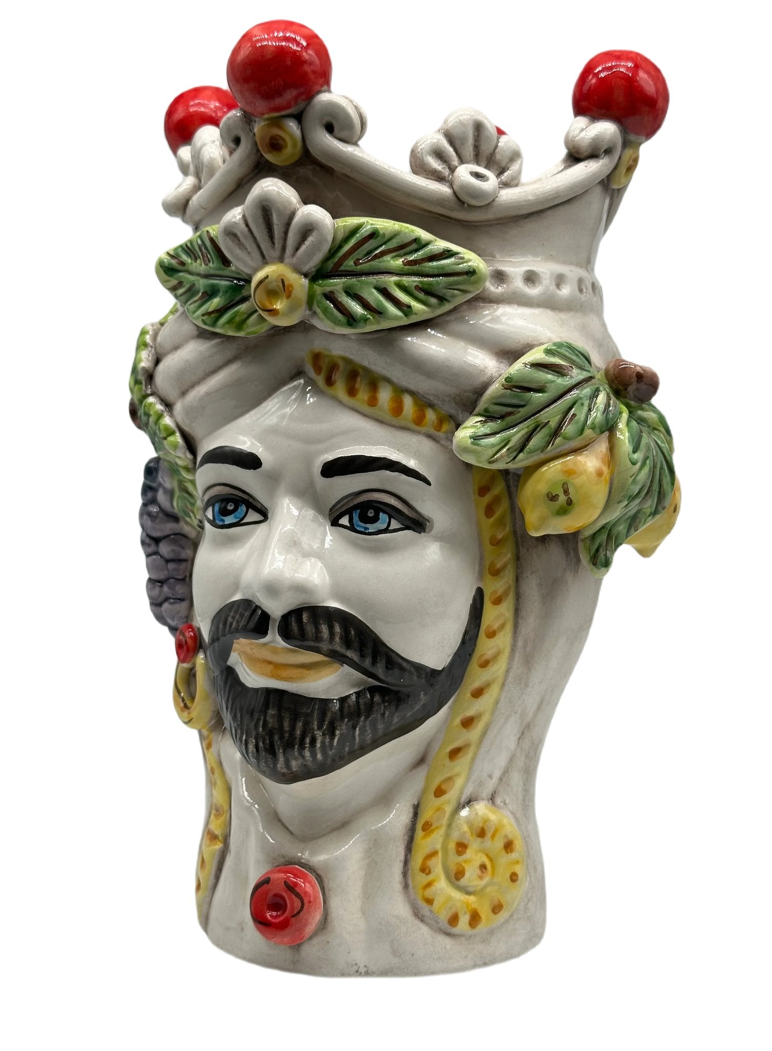 Teste di Moro Classica Corona Sfere Rosso Ceramica Caltagirone cm H.28 L.20 Artigianale - TESTA DI MORO