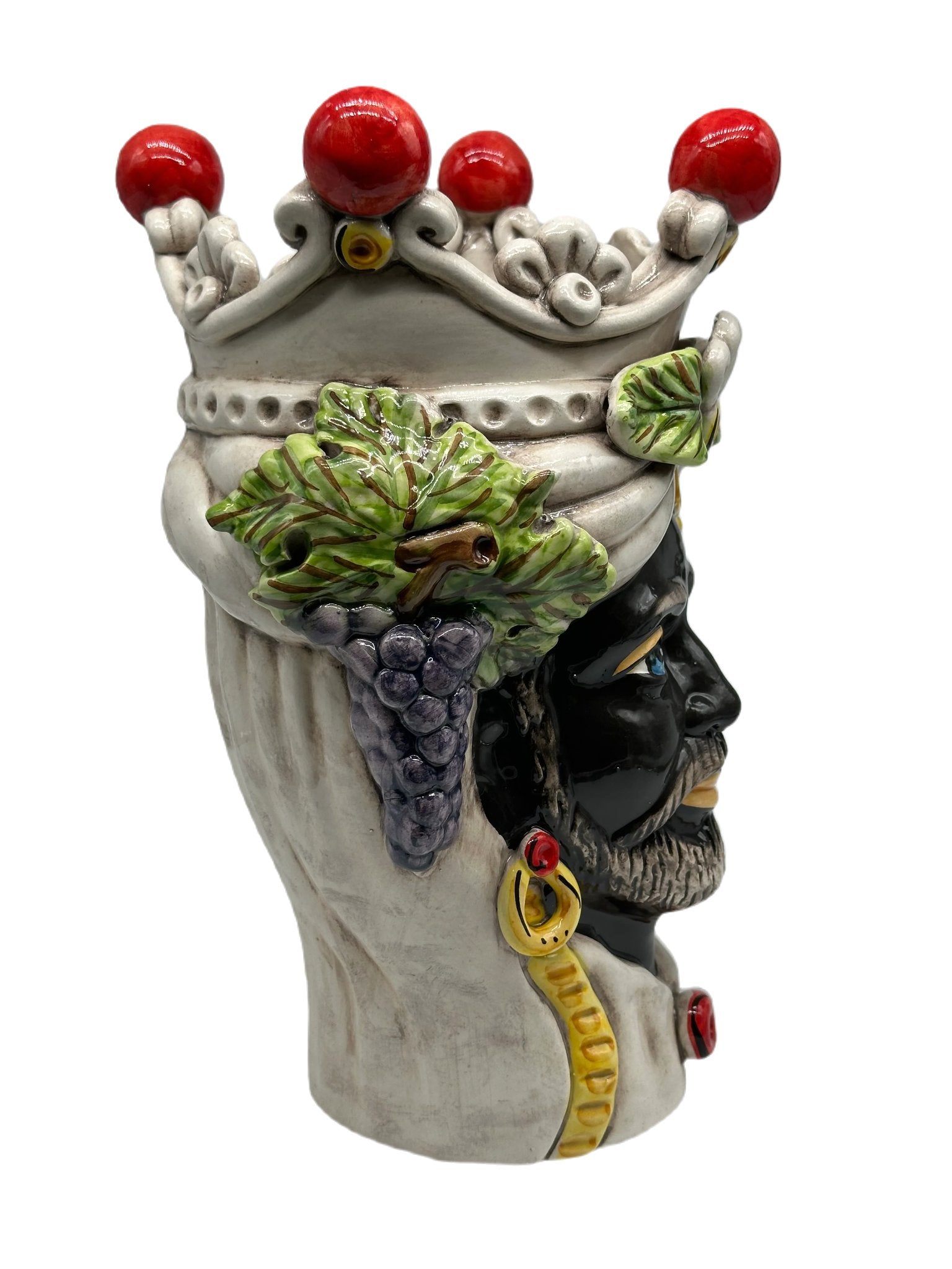 Teste di Moro Classica Corona Sfere Rosso Ceramica Caltagirone cm H.28 L.20 Artigianale - TESTA DI MORO