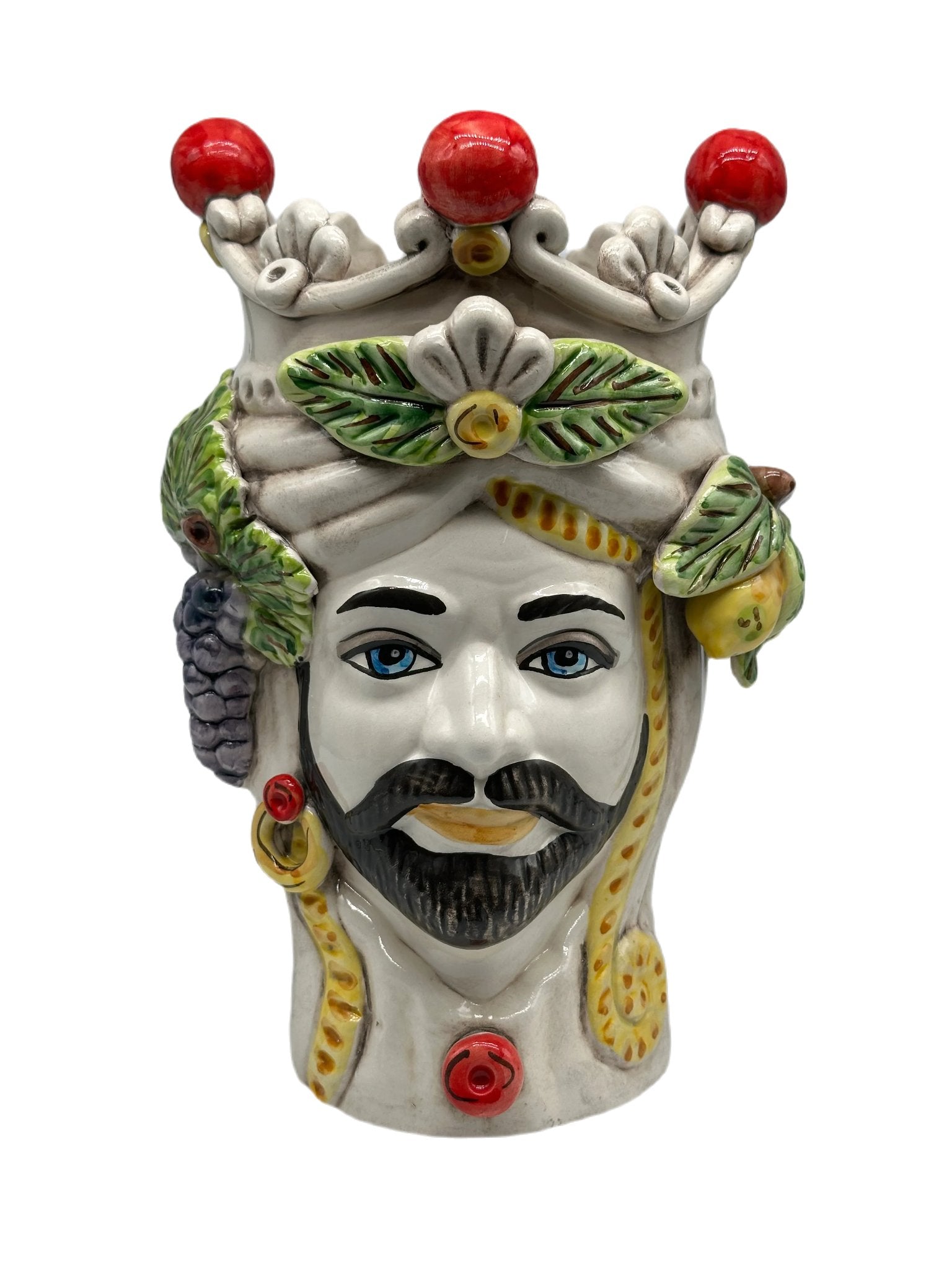 Teste di Moro Classica Corona Sfere Rosso Ceramica Caltagirone cm H.28 L.20 Artigianale - Re Bianco - TESTA DI MORO
