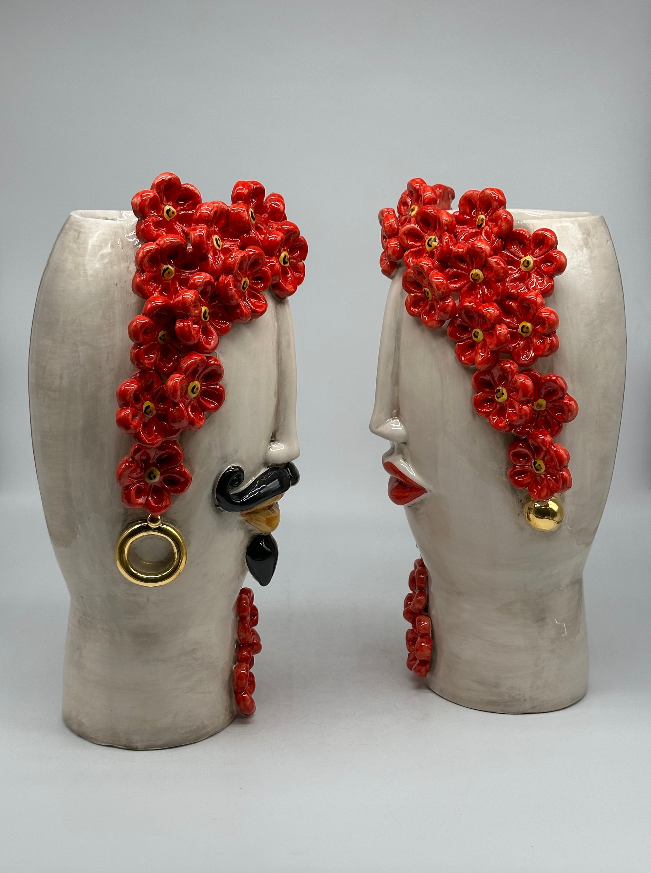 Teste di Moro Contempus Fiori Ceramica Caltagirone cm H.33 L.18 Artigianale - TESTE DI MORO