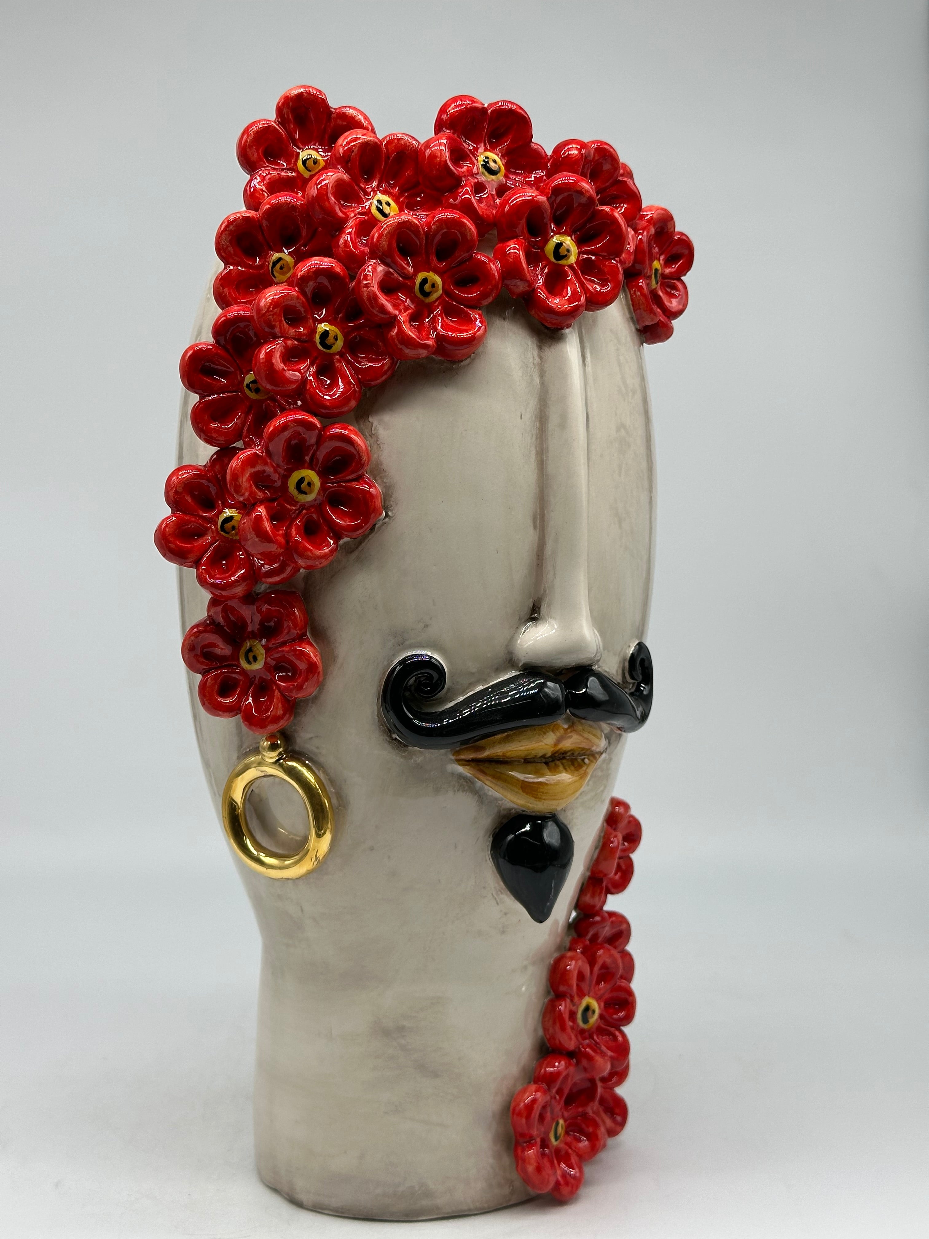 Teste di Moro Contempus Fiori Ceramica Caltagirone cm H.33 L.18 Artigianale - TESTE DI MORO