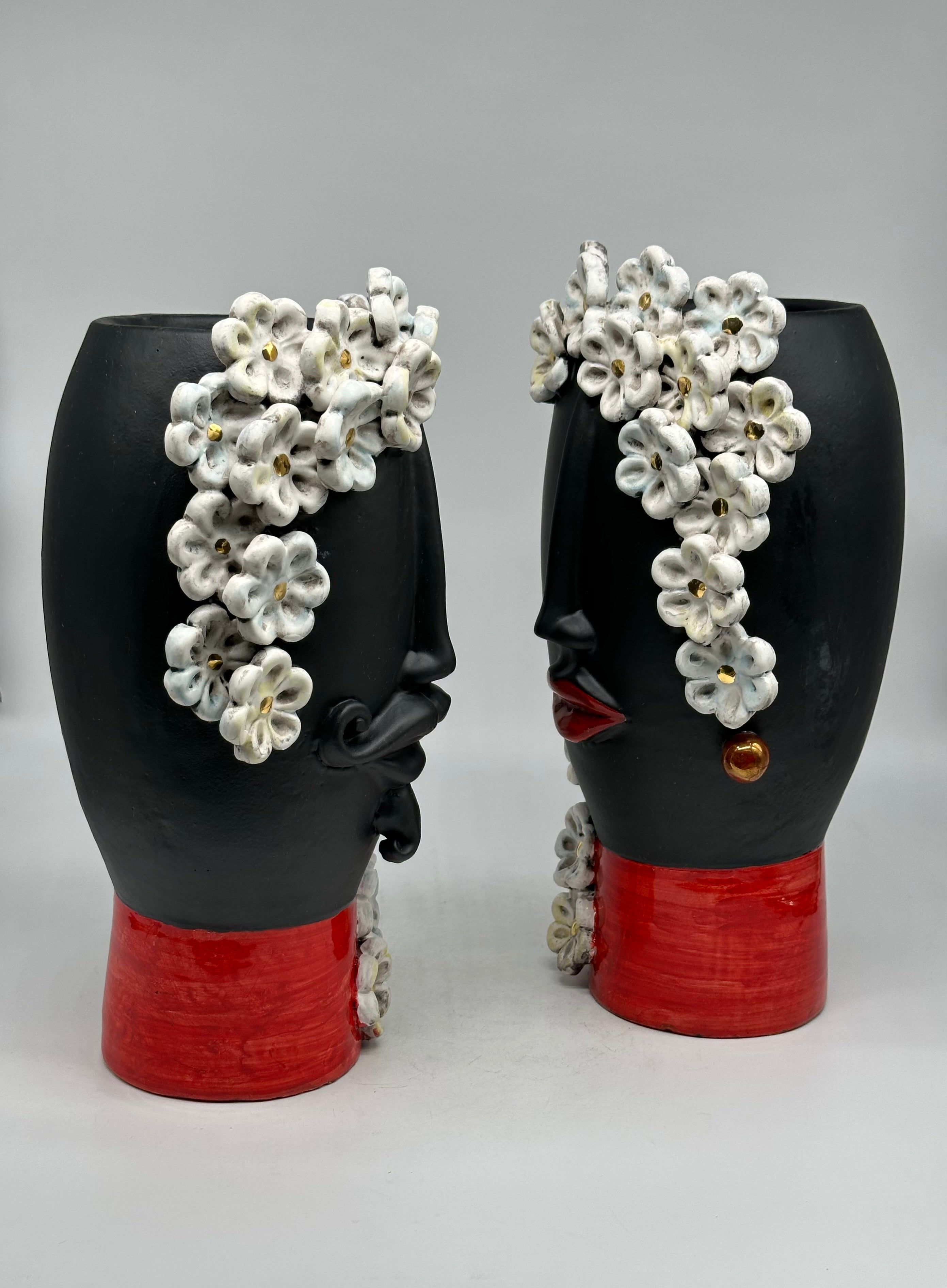 Teste di Moro Contempus Opaco Fiori Ceramica Caltagirone cm H.33 L.18 Artigianale - TESTE DI MORO