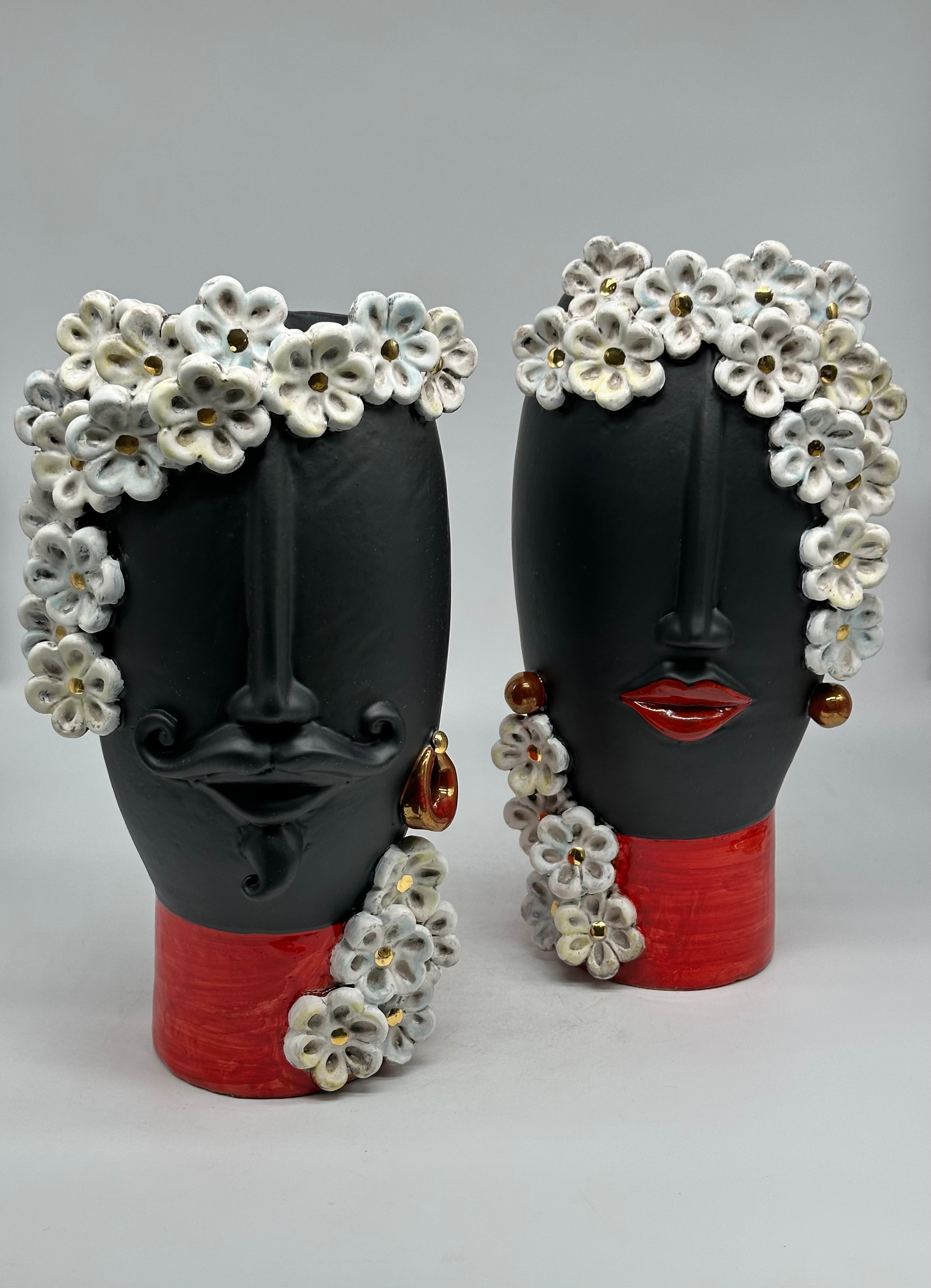 Teste di Moro Contempus Opaco Fiori Ceramica Caltagirone cm H.33 L.18 Artigianale - TESTE DI MORO